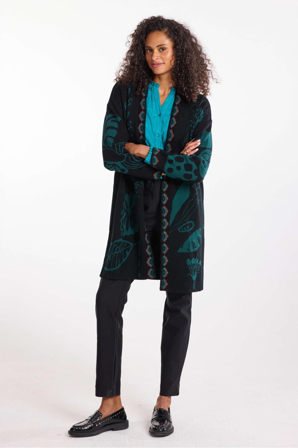 Zwart en donkergroene dames Didi jacquard gebreid vest van acryl met lange mouwen en ronde hals