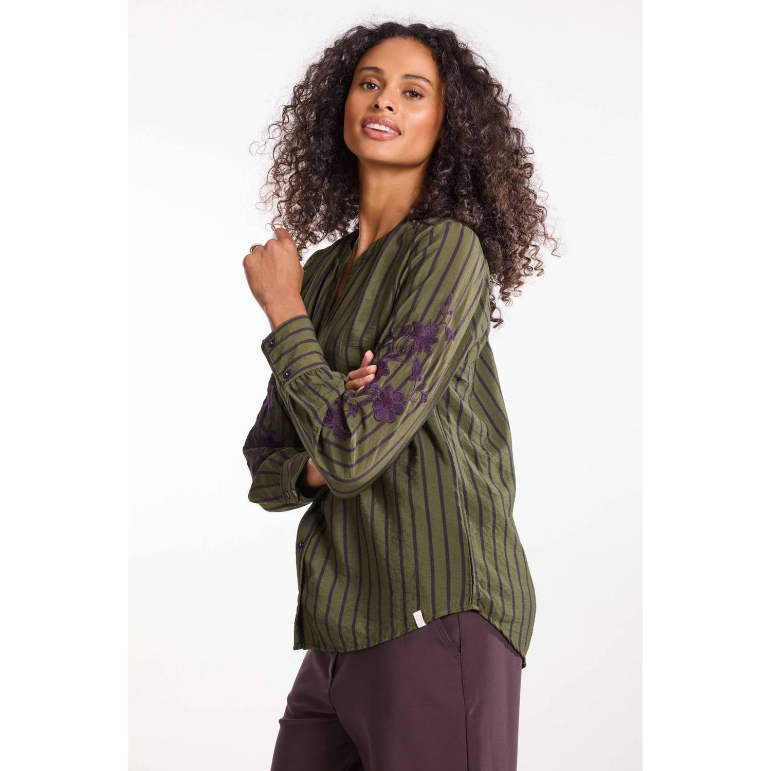 Didi gestreepte blouse met borduursels donkergroen paars
