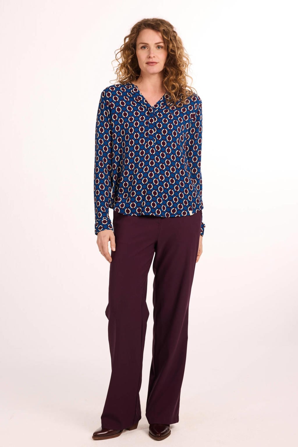 Blauwe dames Didi blouse van viscose met lange mouwen, V-hals en knoopsluiting