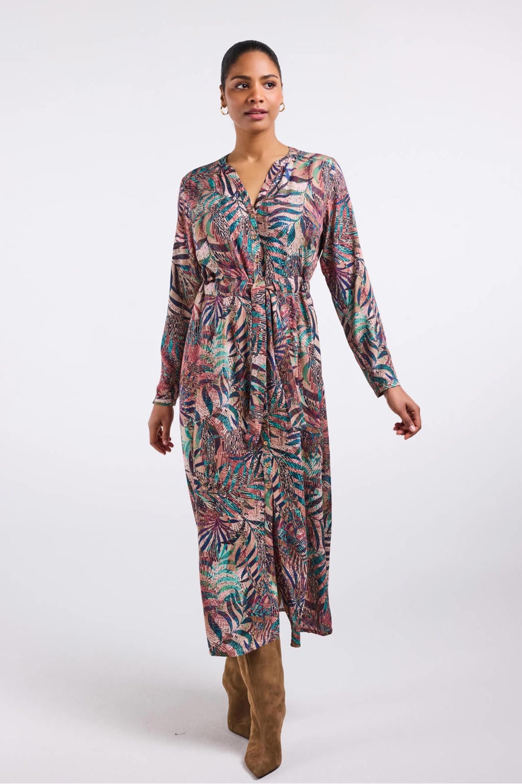 Multikleurige dames Didi maxi jurk met print meerkleurig van viscose met lange mouwen, V-hals en knoopsluiting