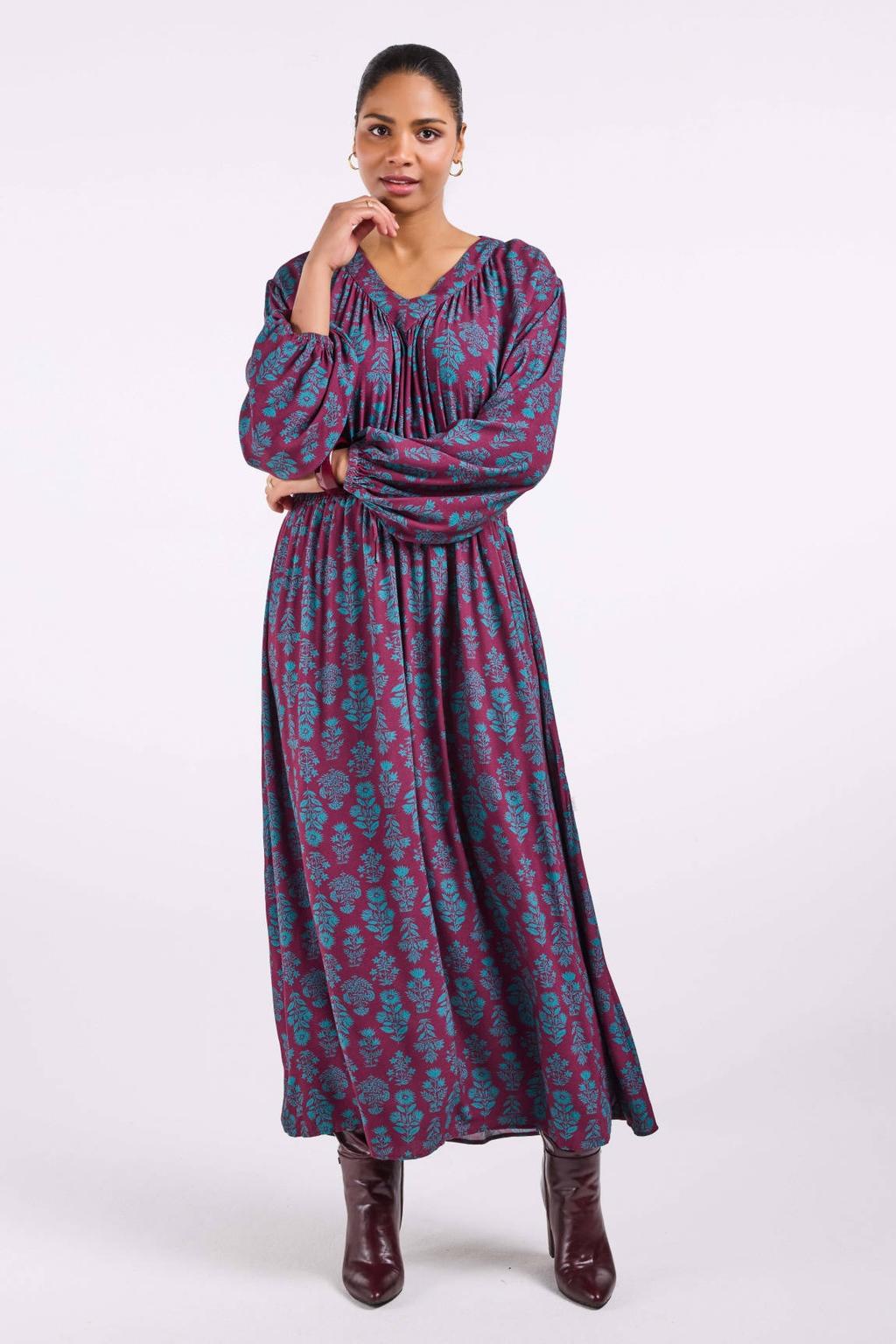 Paarse dames Didi maxi jurk van viscose met lange mouwen, V-hals en elastische tailleband