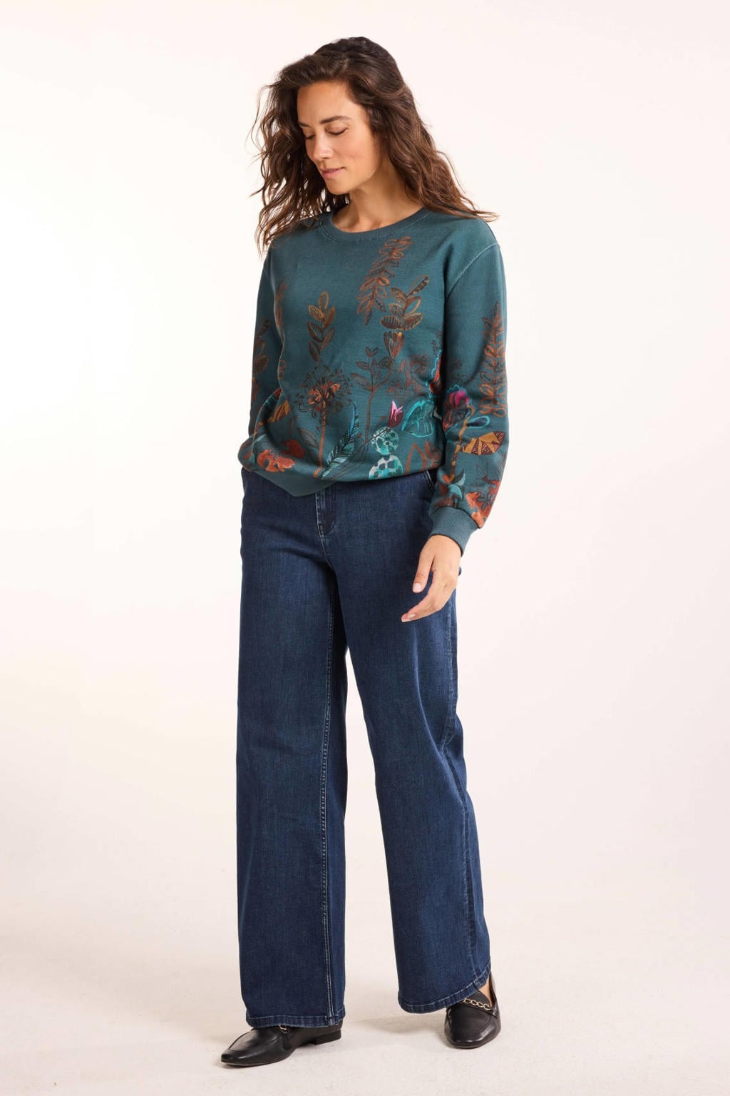 Groene dames Didi katoenen gebloemde sweater met lange mouwen en ronde hals