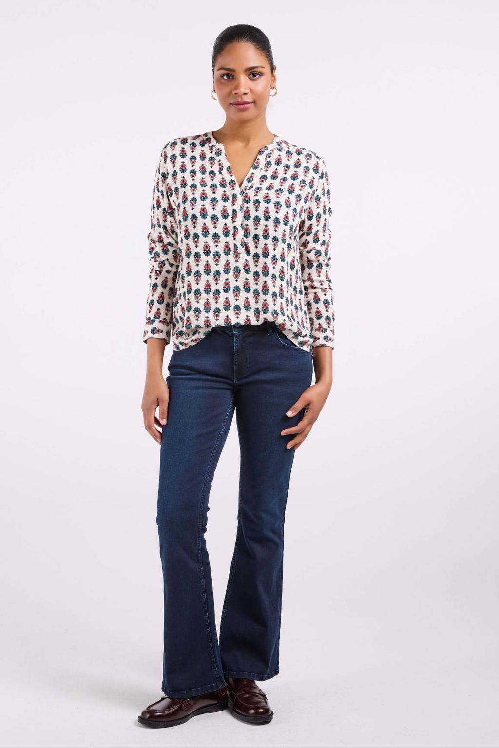 Witte dames Didi gebloemde blouse van viscose met lange mouwen, V-hals en knoopsluiting
