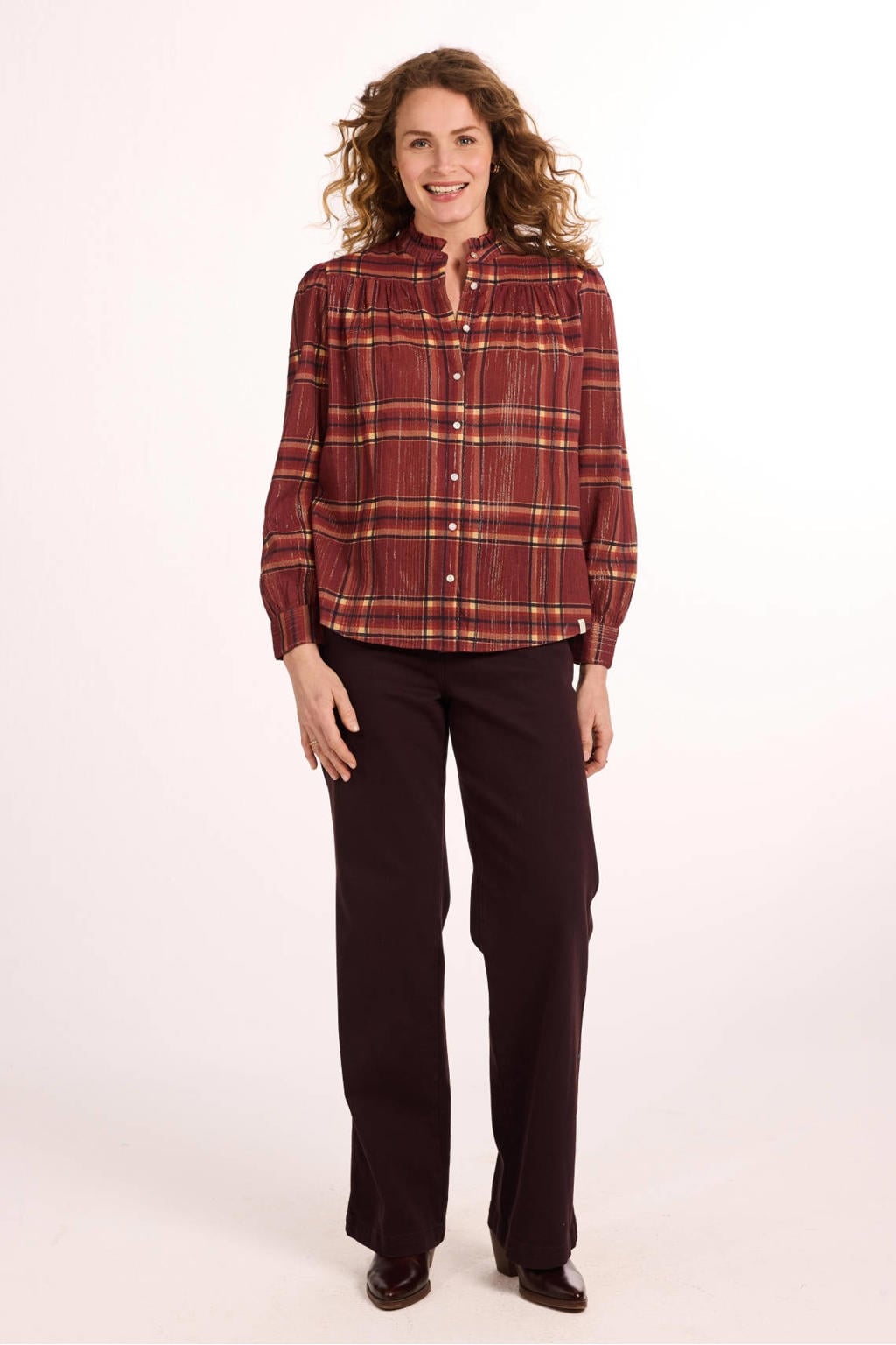 Donkerrode dames Didi geruite blouse van katoen met lange mouwen, ronde hals en knoopsluiting