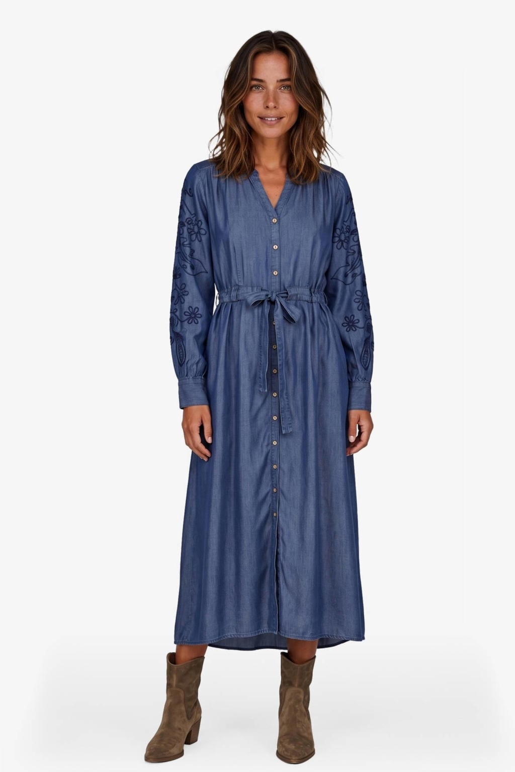 Blauwe dames Didi gebloemde blousejurk van tencel met lange mouwen, V-hals en knoopsluiting