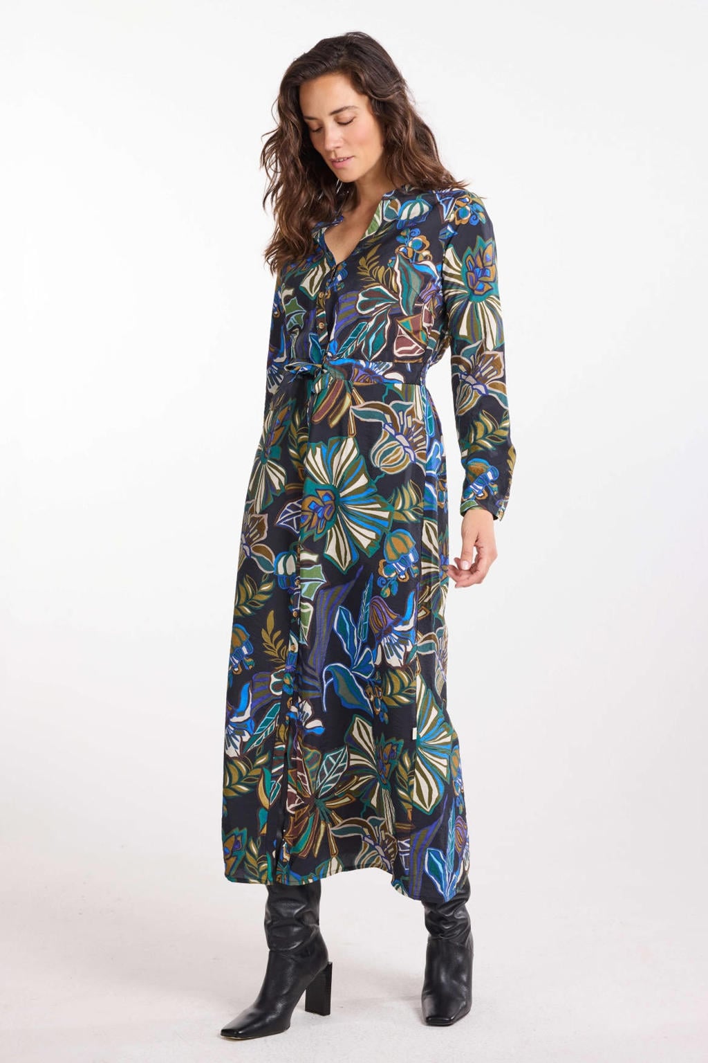 Multikleurige dames Didi gebloemde maxi jurk meerkleurig van viscose met lange mouwen, V-hals en knoopsluiting