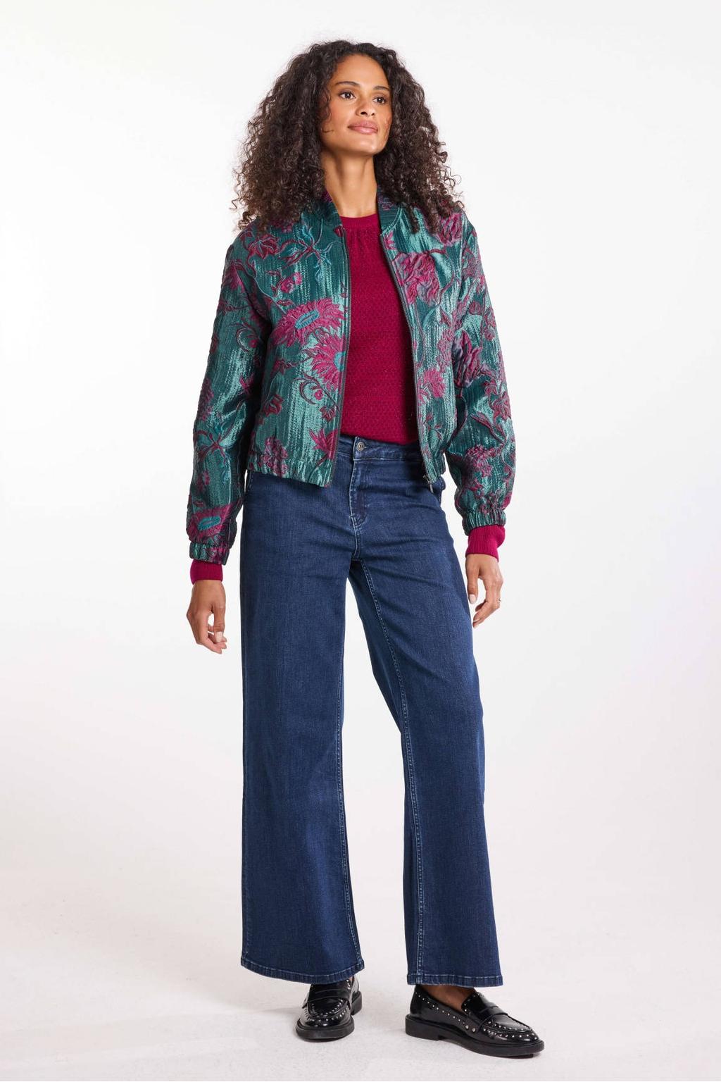 Blauw en roze dames Didi bomberjack van polyester met lange mouwen en ronde hals