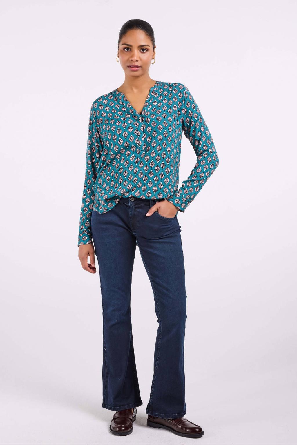 Petrolkleurige dames Didi blouse van viscose met lange mouwen, V-hals en knoopsluiting