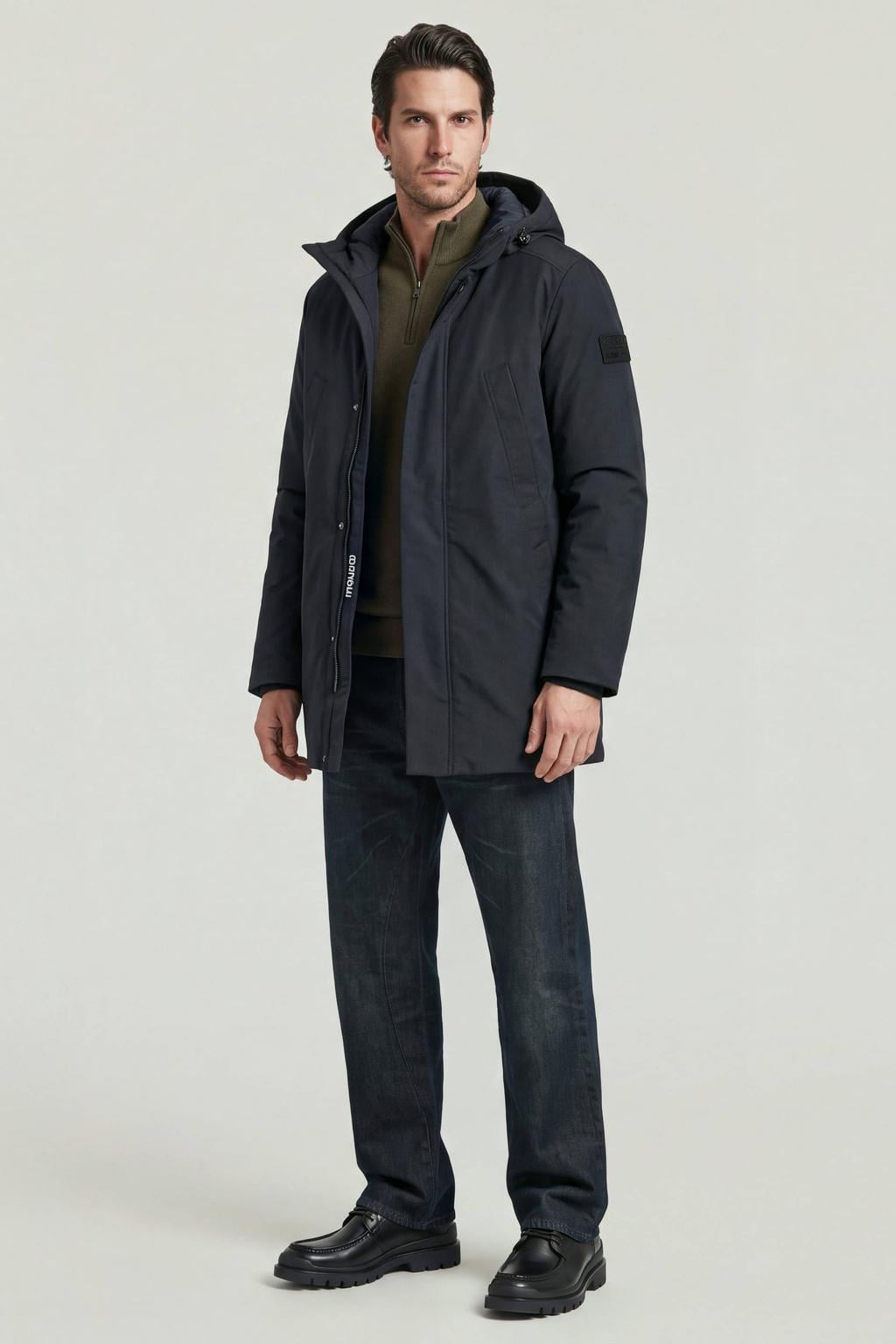 Donkerblauwe heren G-STAR winterparka van polyester met effen, lange mouwen, capuchon en rits met windvanger