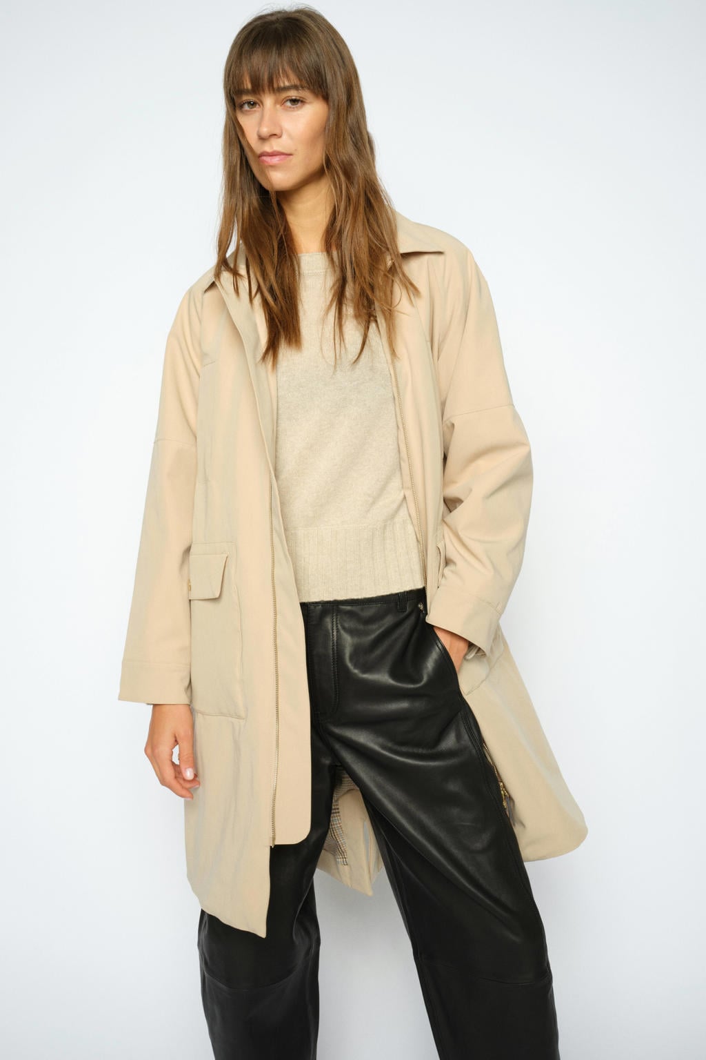 Camelkleurige dames Mos Mosh trenchcoat van polyester met effen, lange mouwen en klassieke kraag