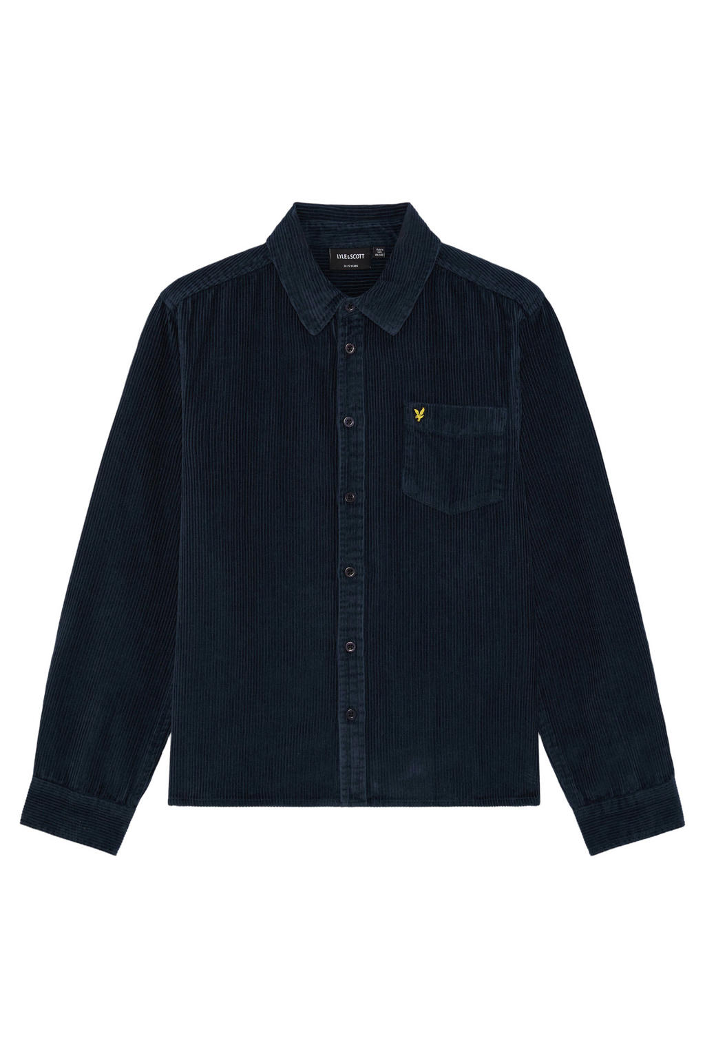 Donkerblauwe jongens Lyle & Scott corduroy overhemd met effen, lange mouwen, klassieke kraag en knoopsluiting