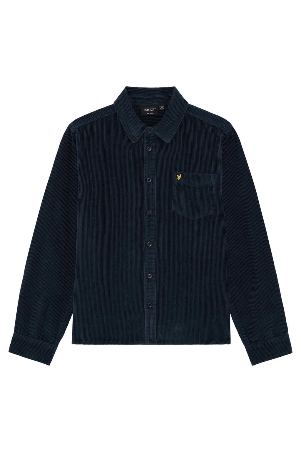 Donkerblauwe jongens Lyle & Scott corduroy overhemd met effen, lange mouwen, klassieke kraag en knoopsluiting