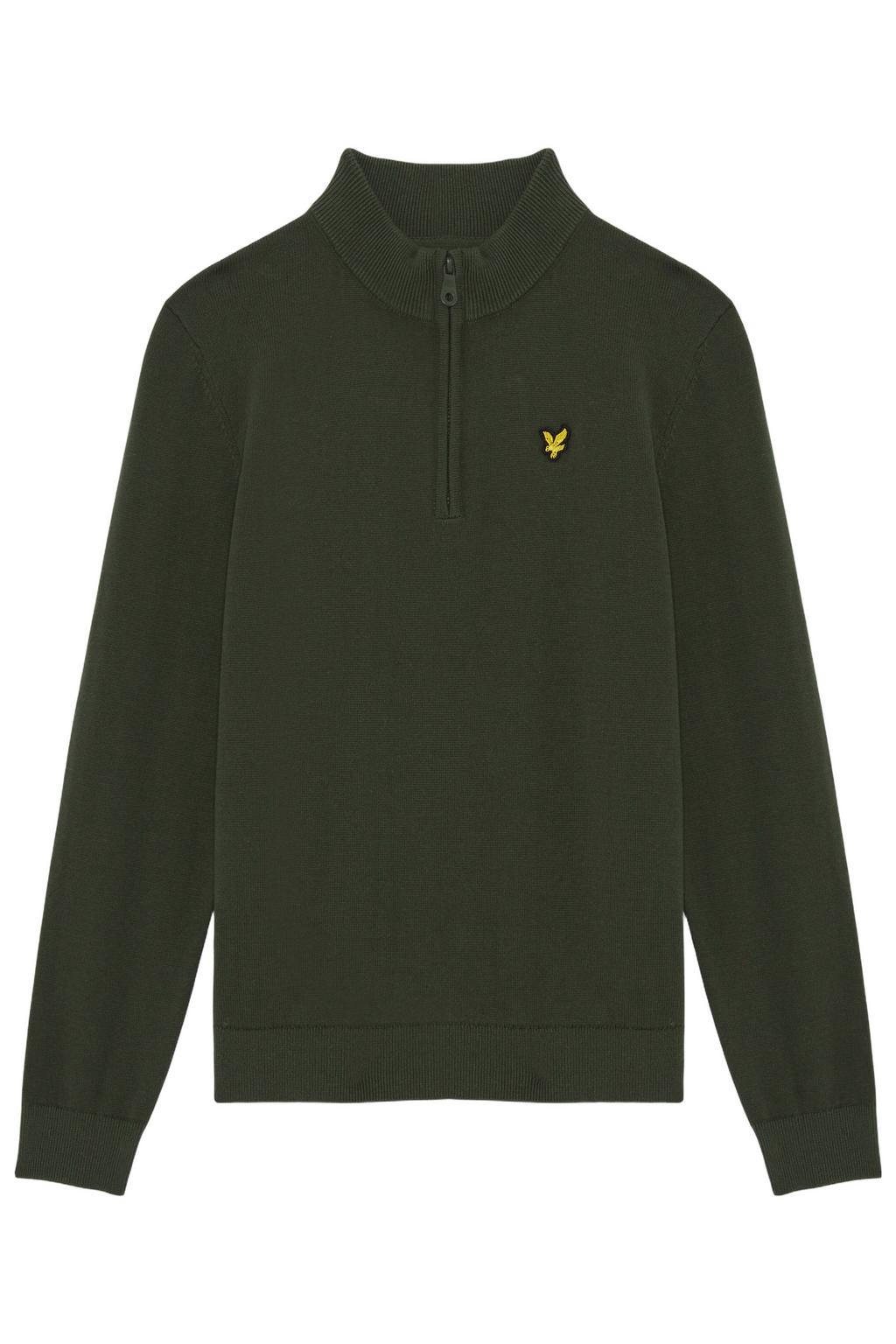 Donkergroene jongens Lyle & Scott gebreide trui van katoen met effen, lange mouwen, schipperskraag en halve rits