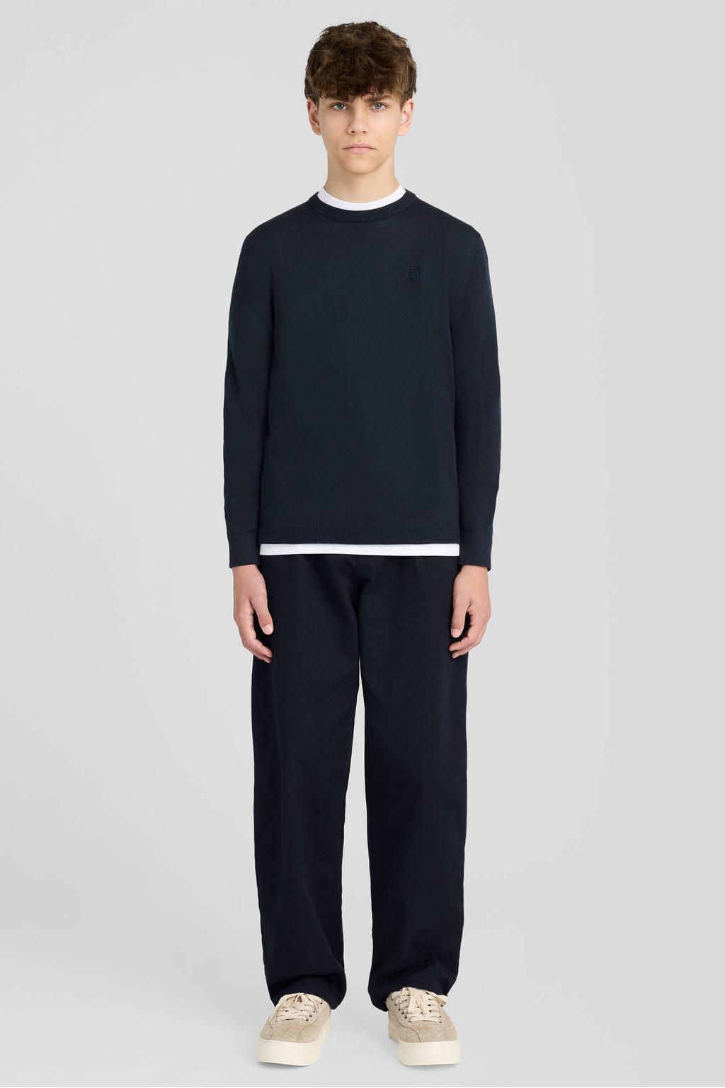 Donkerblauwe jongens Lyle & Scott sweater van katoen met effen, lange mouwen en ronde hals