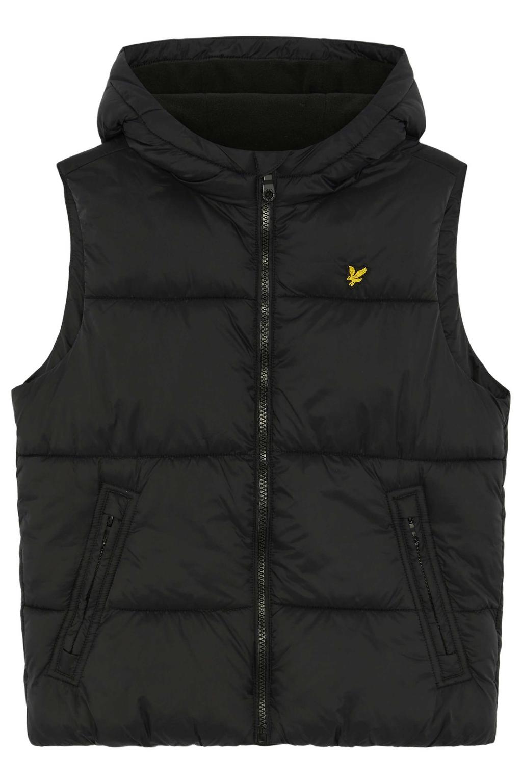 Zwarte jongens Lyle & Scott bodywarmer van nylon met effen, lange mouwen, capuchon en ritssluiting