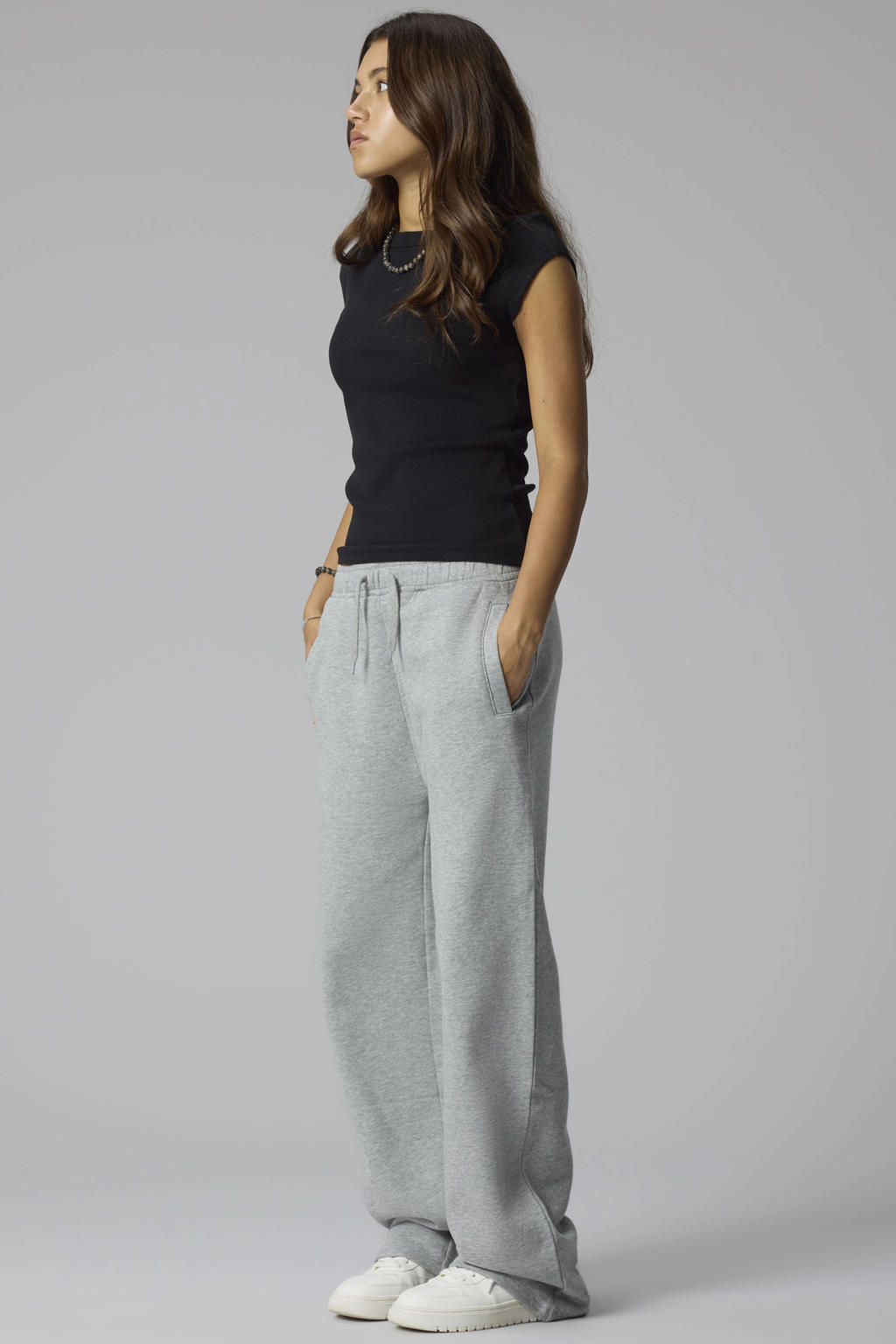 Grijs melange jongens en meisjes LMTD sweatpants met trekkoorden en effen