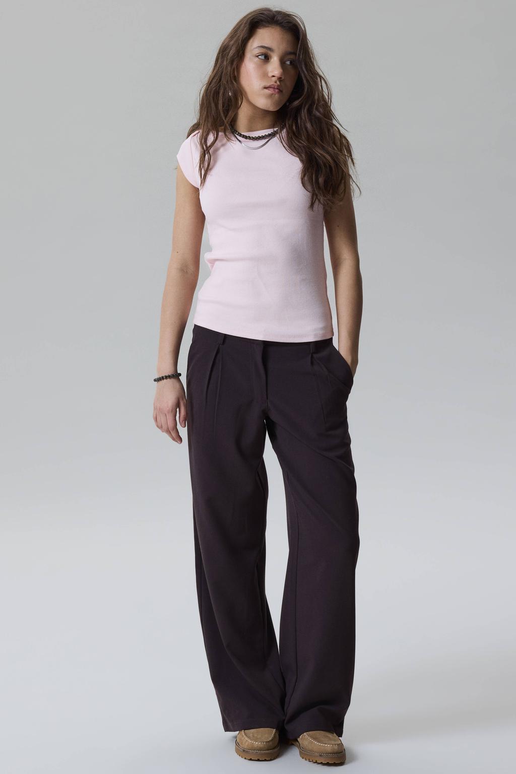 Donkerblauwe meisjes LMTD wide leg casual broek met rits- en haaksluiting en effen