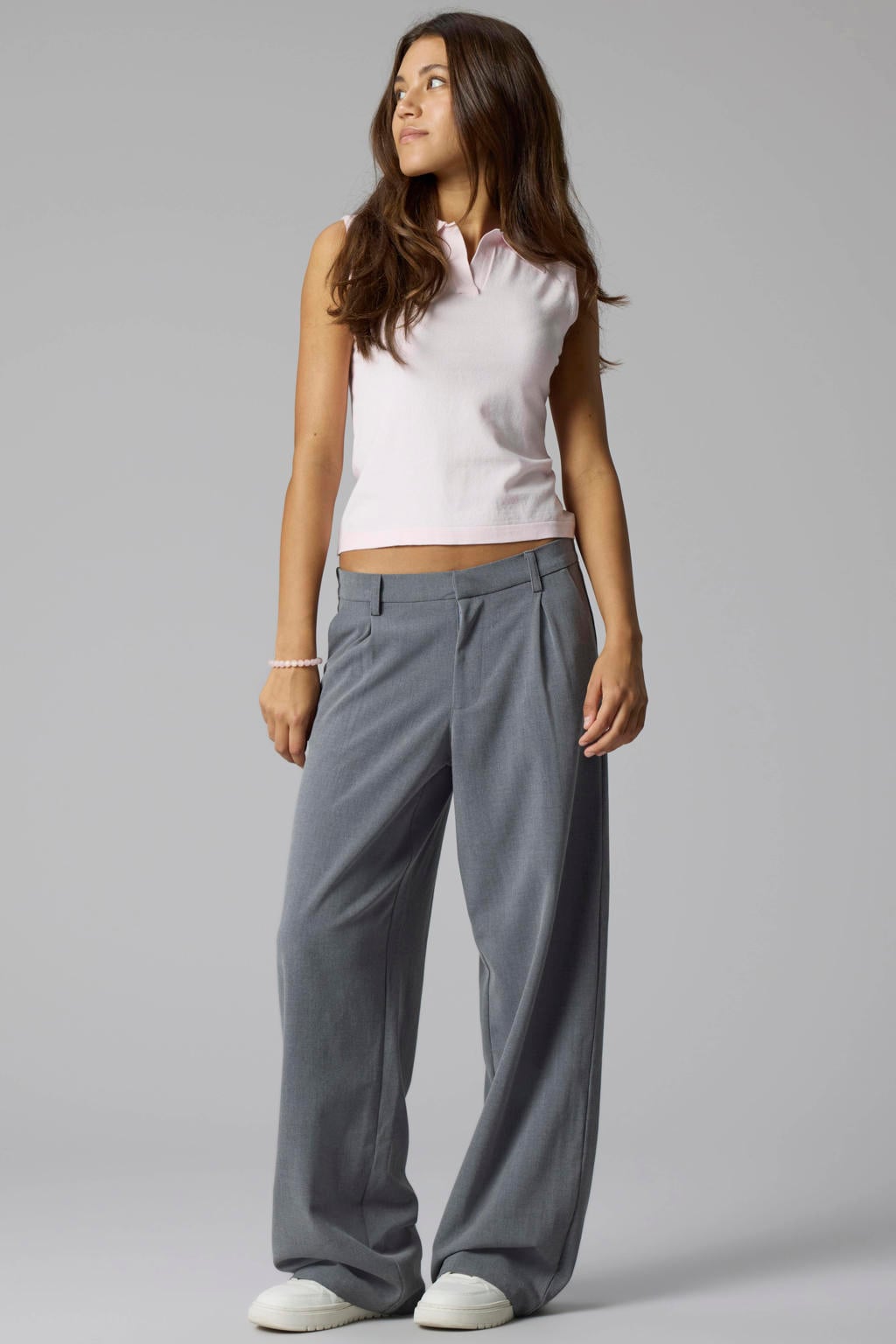 Grijze meisjes LMTD wide leg casual broek met rits- en haaksluiting en effen