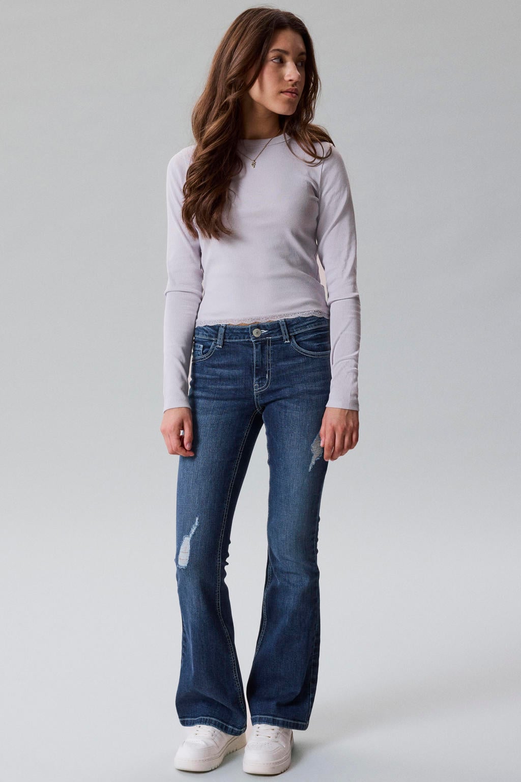 Lilakleurige meisjes LMTD longsleeve van katoen met effen, lange mouwen, ronde hals en kant