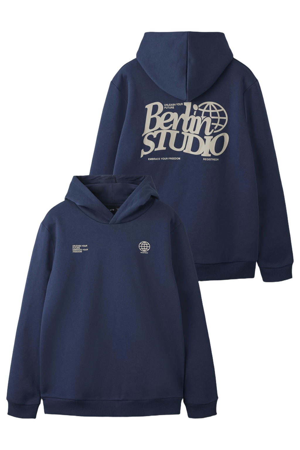 Donkerblauwe jongens en meisjes LMTD hoodie van sweat materiaal met backprint, lange mouwen en capuchon