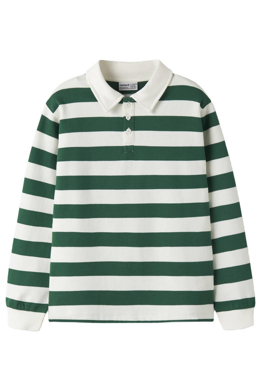 Groen en ecru jongens NAME IT KIDS gestreepte sweater met lange mouwen, polo kraag, knoopsluiting en geribde boorden