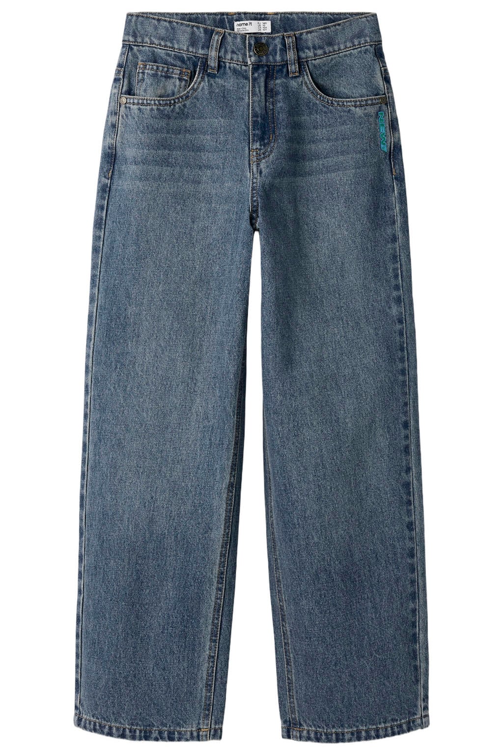 Medium blue denim jongens NAME IT KIDS straight leg jeans mediumblauw van denim met rits- en haaksluiting en printopdruk
