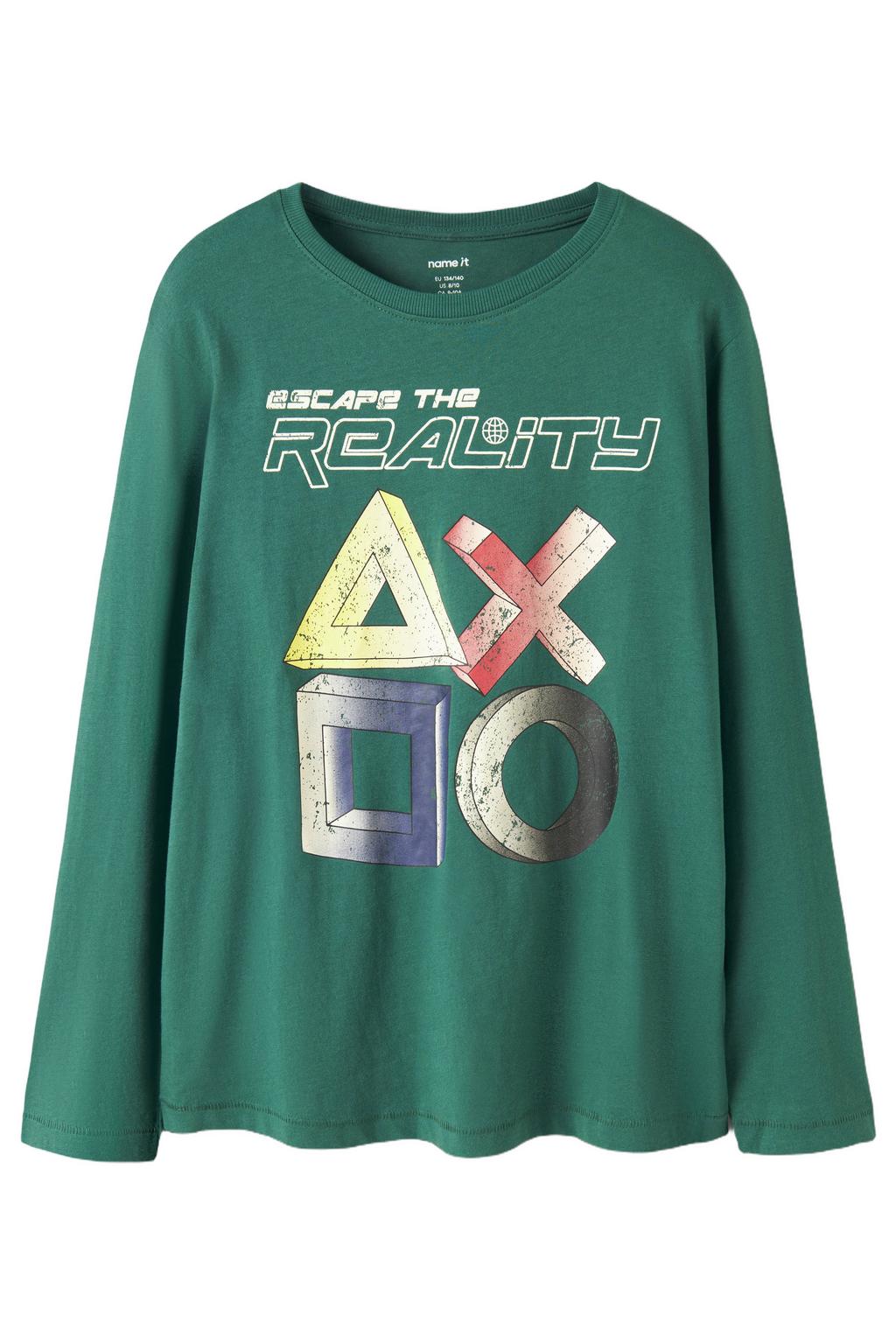 Groene jongens NAME IT KIDS rechtvallende longsleeve van katoen met printopdruk, lange mouwen en ronde hals
