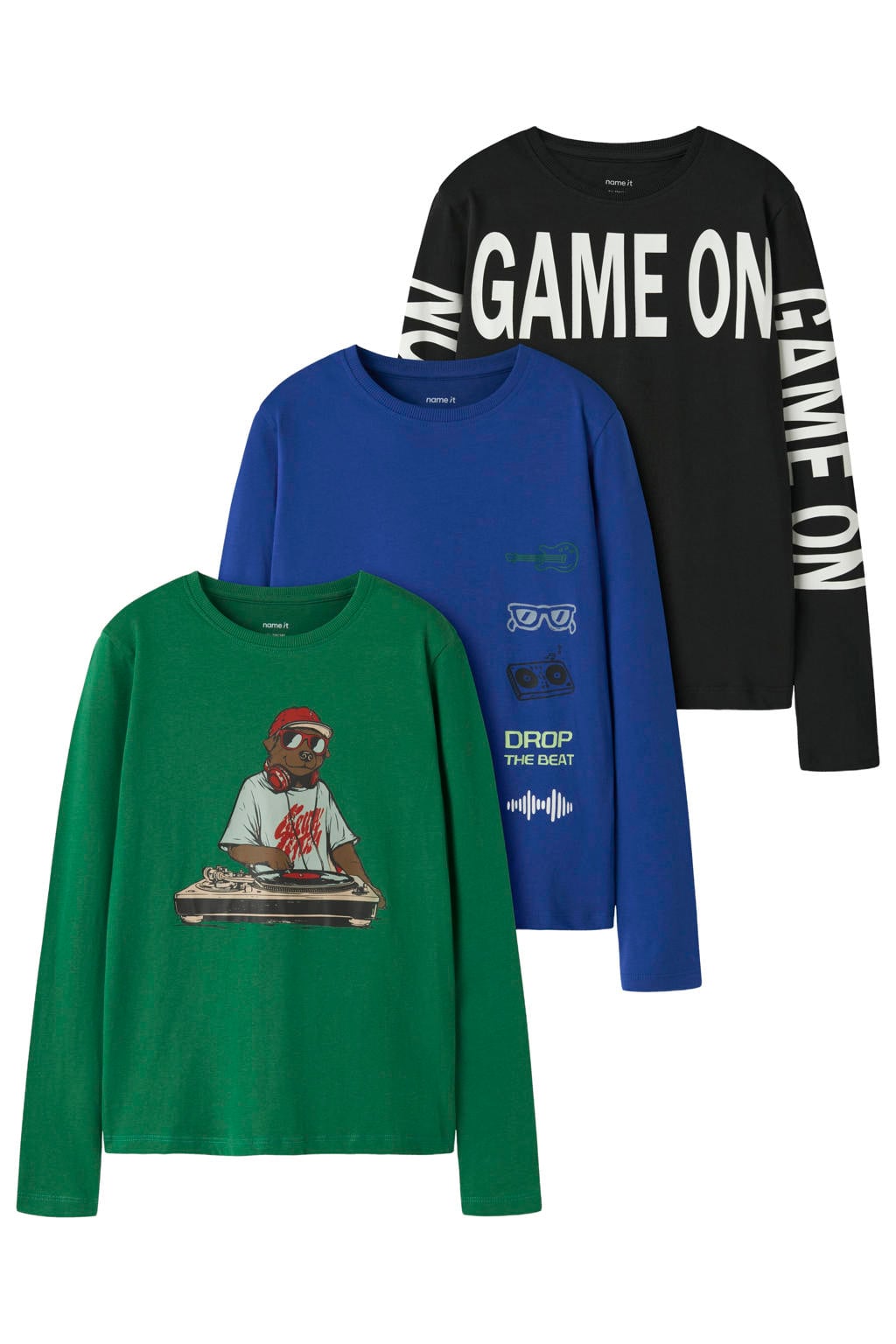 Set van 3 groen, blauw en zwarte jongens NAME IT KIDS longsleeves van katoen met printopdruk, lange mouwen en ronde hals