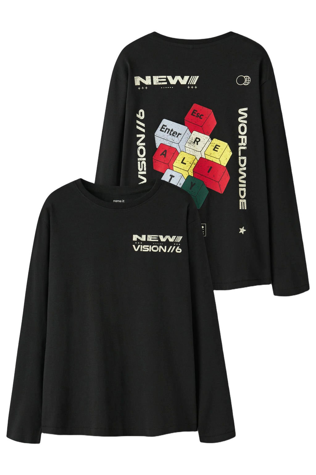 Zwarte jongens NAME IT KIDS rechtvallende longsleeve van katoen met backprint, lange mouwen en ronde hals
