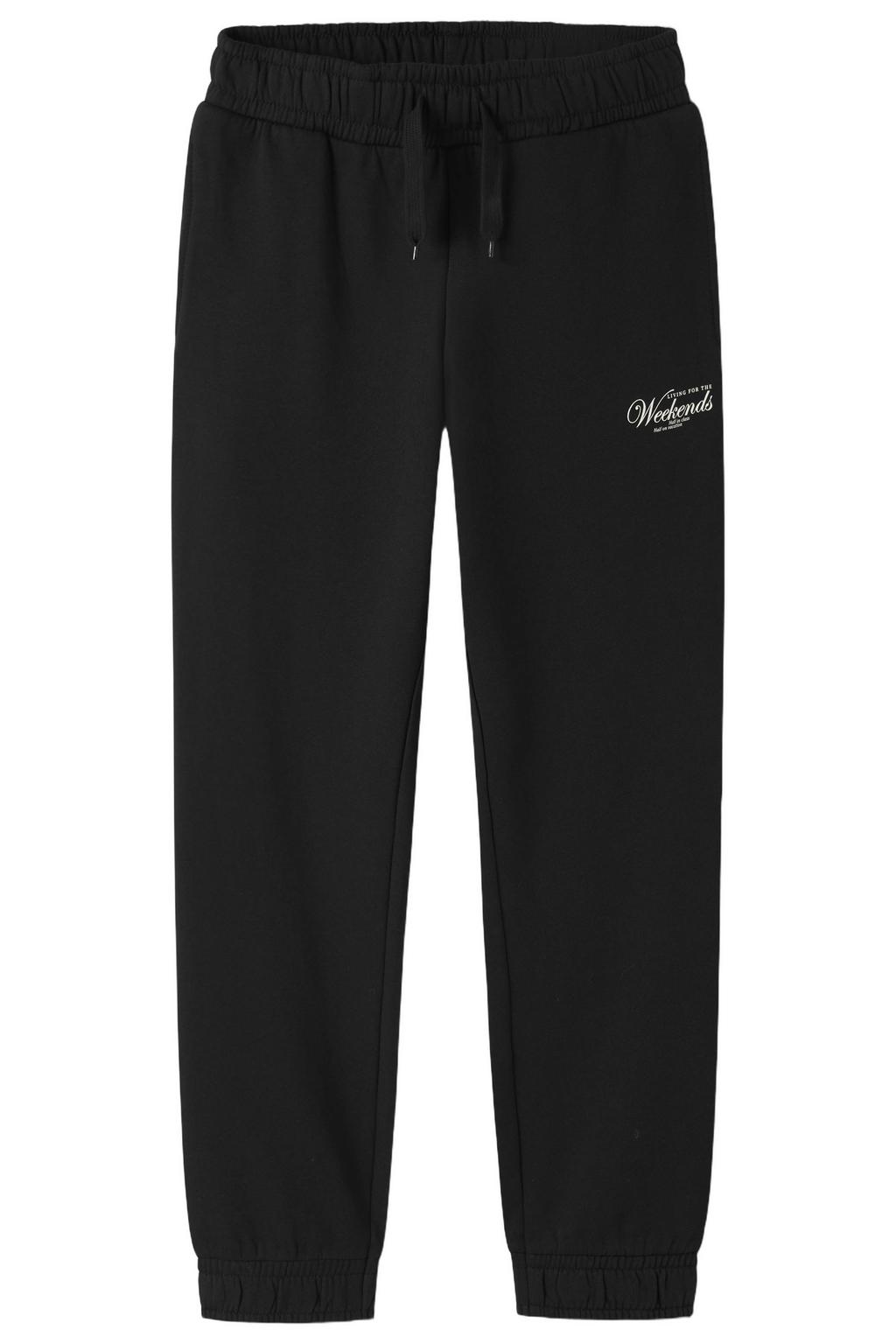 Zwarte jongens NAME IT KIDS regular fit joggingbroek van sweat materiaal met elastische tailleband met koord en tekst print