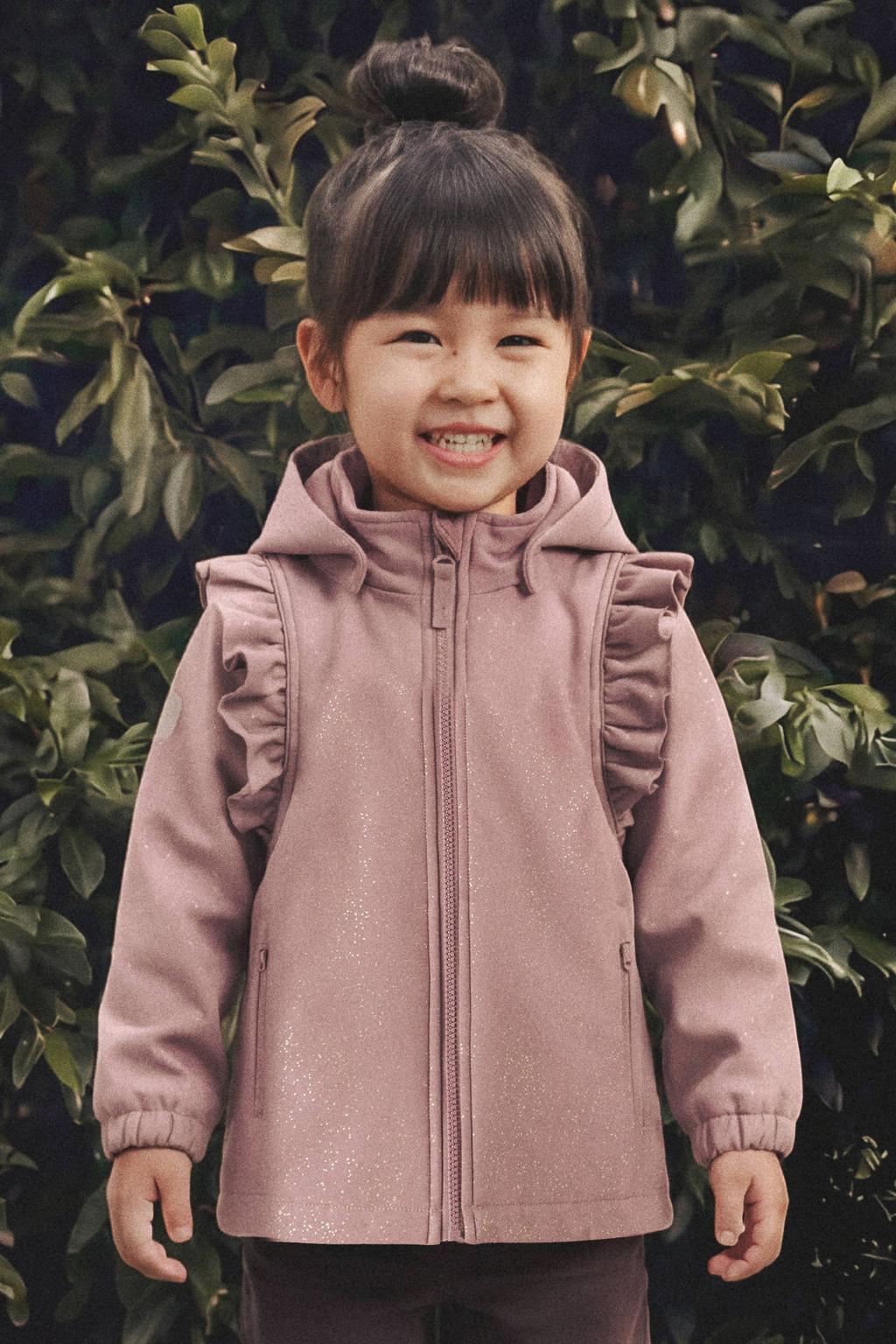 Oudroze meisjes NAME IT MINI softshelljas van polyester met effen, lange mouwen, capuchon, ritssluiting en ruches