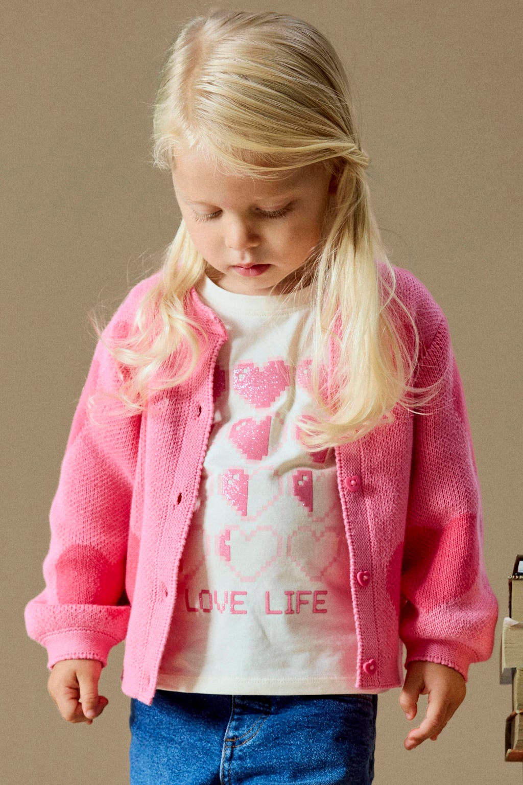 Roze meisjes NAME IT MINI katoenen jacquard gebreide vest met lange mouwen, ronde hals en knoopsluiting