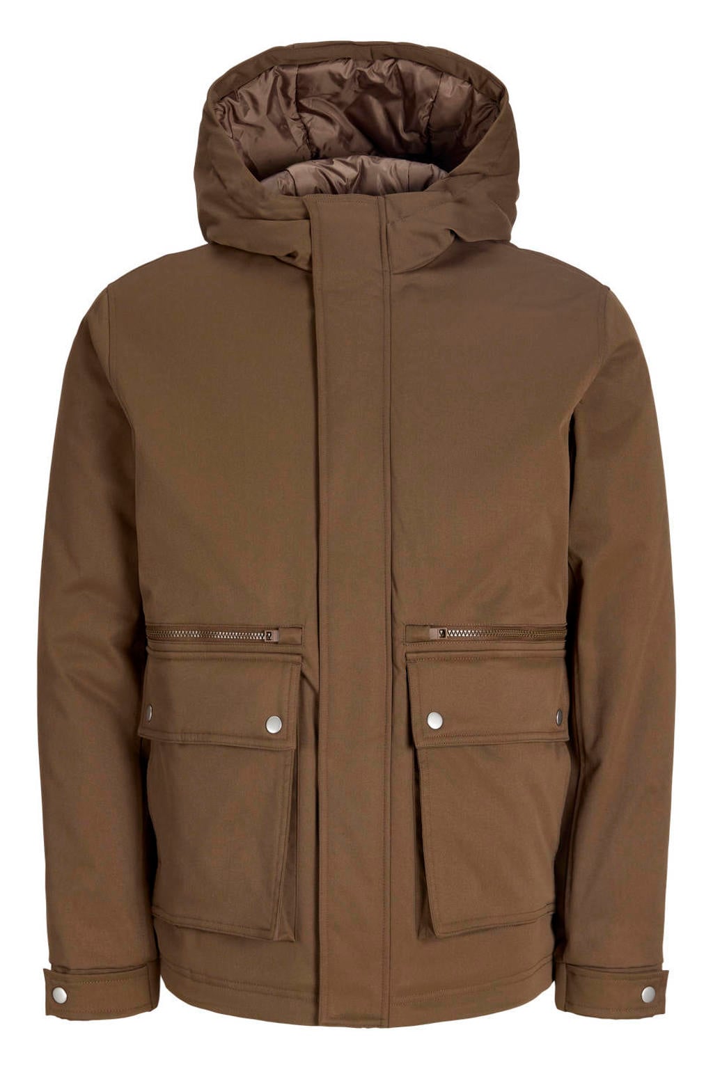 Kaki en bruine jongens JACK & JONES JUNIOR gebreide winterparka van polyester met effen, lange mouwen, capuchon en ritssluiting
