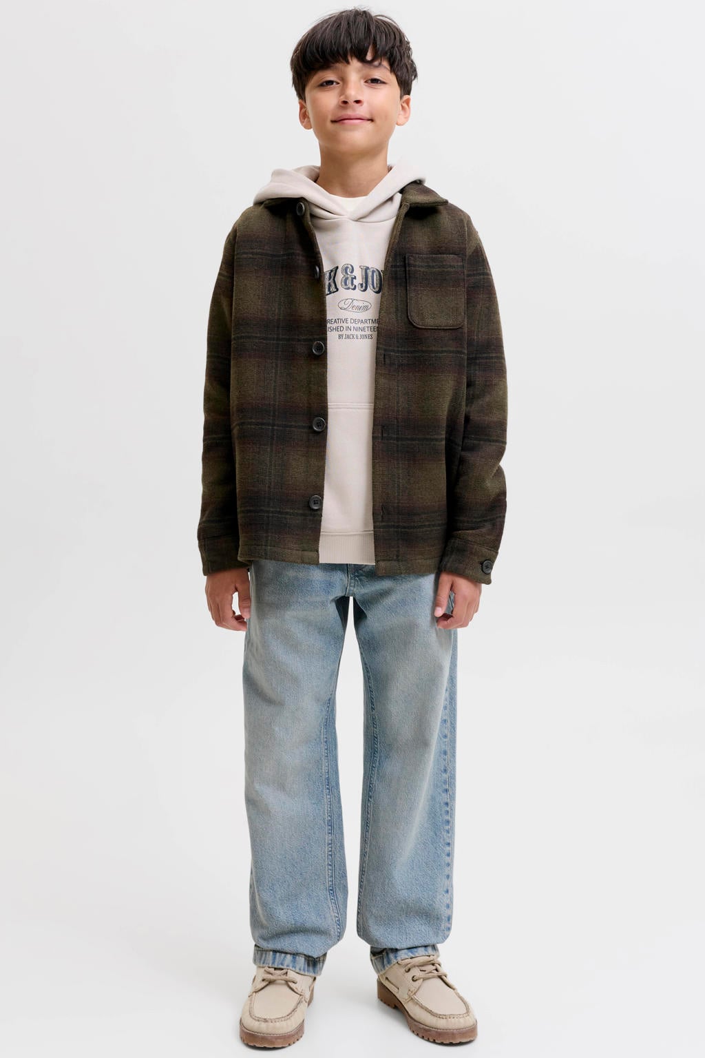 Donkergroene jongens JACK & JONES JUNIOR geruit overshirt van polyester met lange mouwen, button down sluiting, knoopsluiting en geweven detail