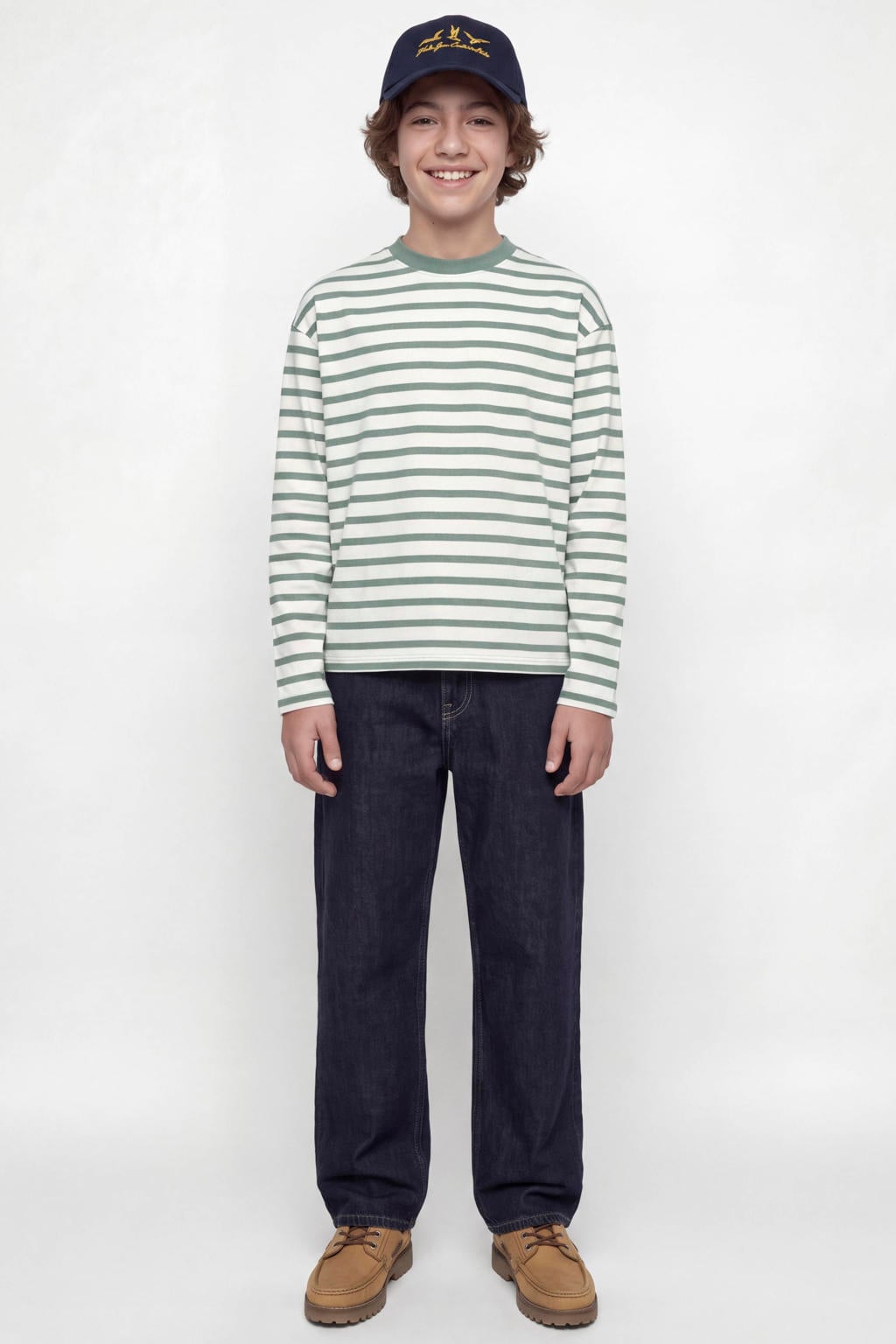 Groen en witte jongens JACK & JONES JUNIOR oversized gestreepte longsleeve van katoen met backprint, lange mouwen en ronde hals