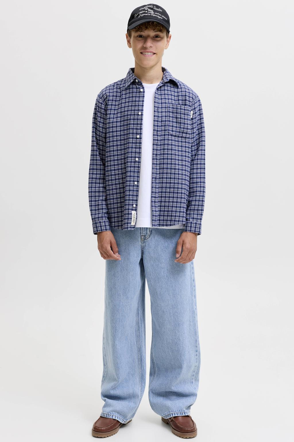 Light blue denim jongens JACK & JONES JUNIOR wide leg jeans van denim met rits- en knoopsluiting en effen
