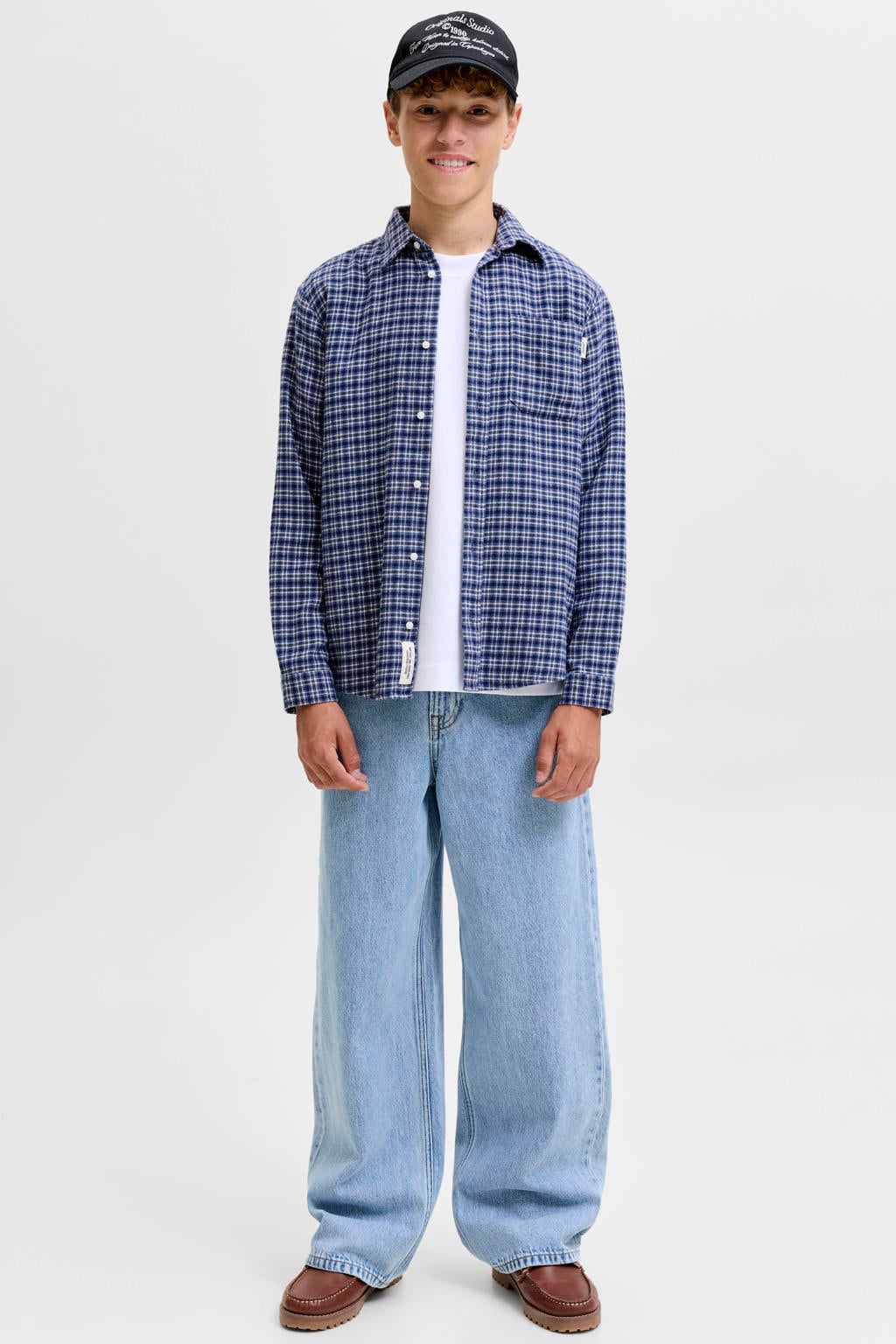 Light blue denim jongens JACK & JONES JUNIOR wide leg jeans van denim met rits- en knoopsluiting en effen
