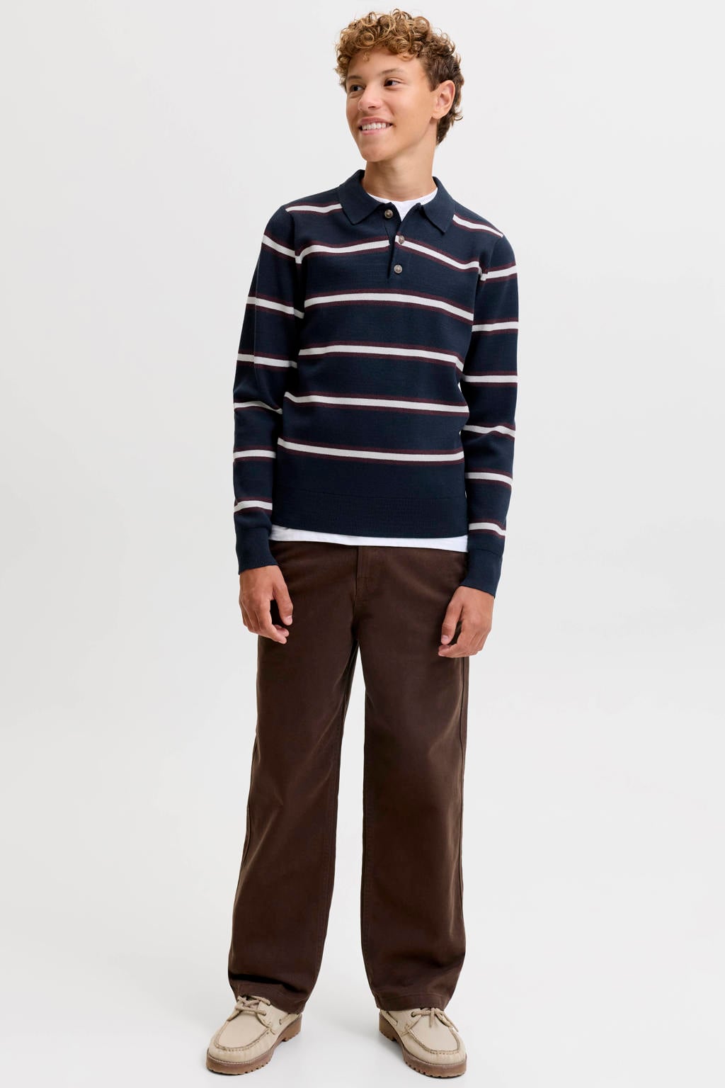 Donkerblauw, wit en donkerrode jongens JACK & JONES JUNIOR van viscose met strepenprint, lange mouwen, polo kraag, knoopsluiting en gebreide details