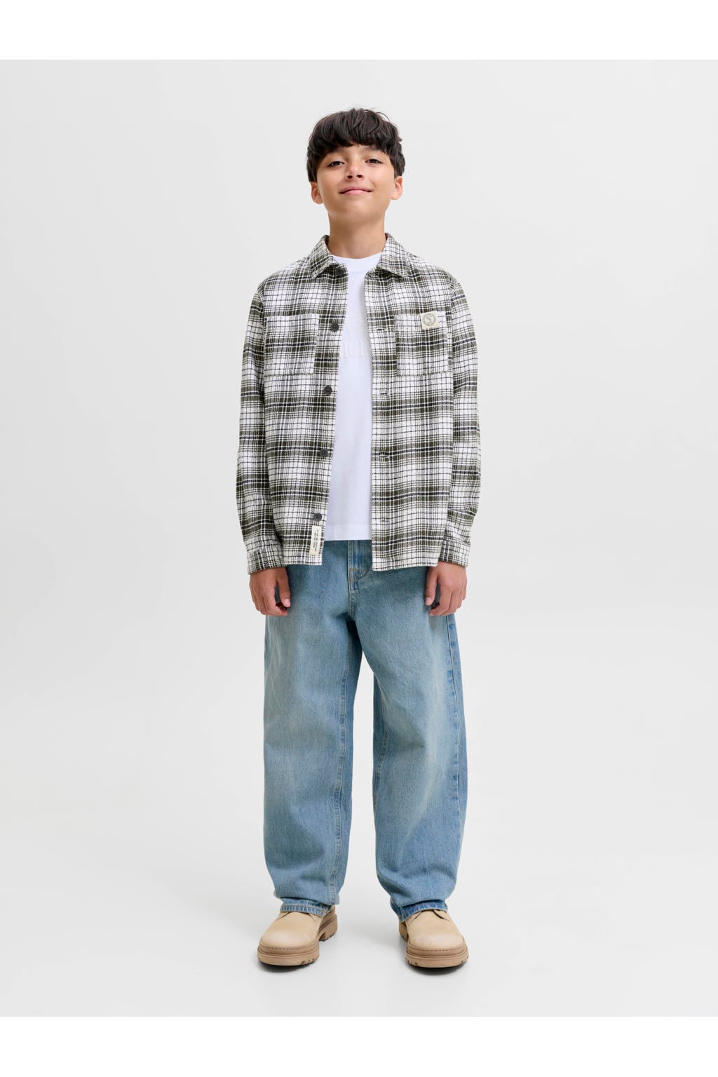 Witte jongens JACK & JONES JUNIOR geruit overhemd van katoen met lange mouwen, button down sluiting en knoopsluiting