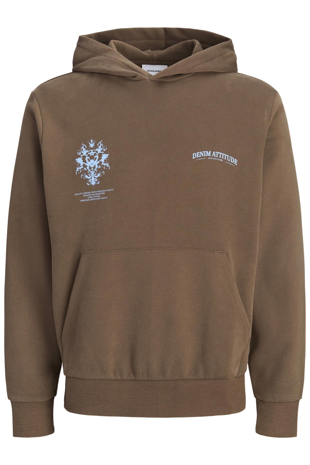 Bruine jongens JACK & JONES JUNIOR hoodie van sweat materiaal met backprint, lange mouwen en capuchon
