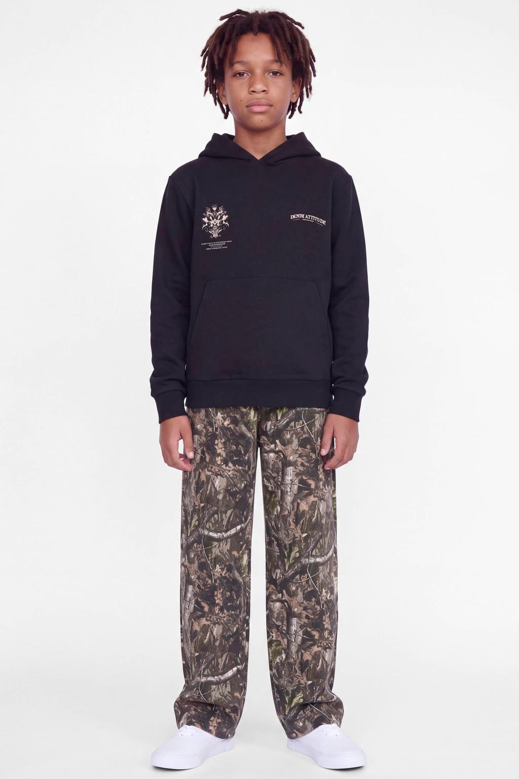 Zwarte jongens JACK & JONES JUNIOR junior hoodie van sweat materiaal met backprint, lange mouwen en capuchon
