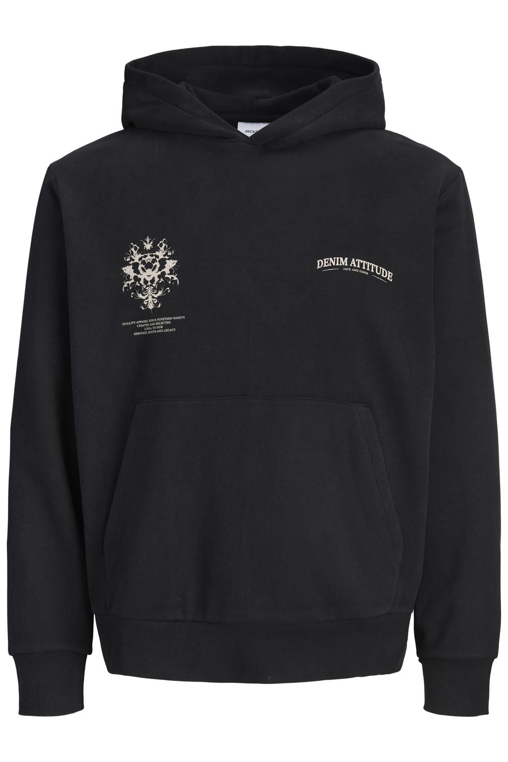 Zwarte jongens JACK & JONES JUNIOR junior hoodie van sweat materiaal met backprint, lange mouwen en capuchon