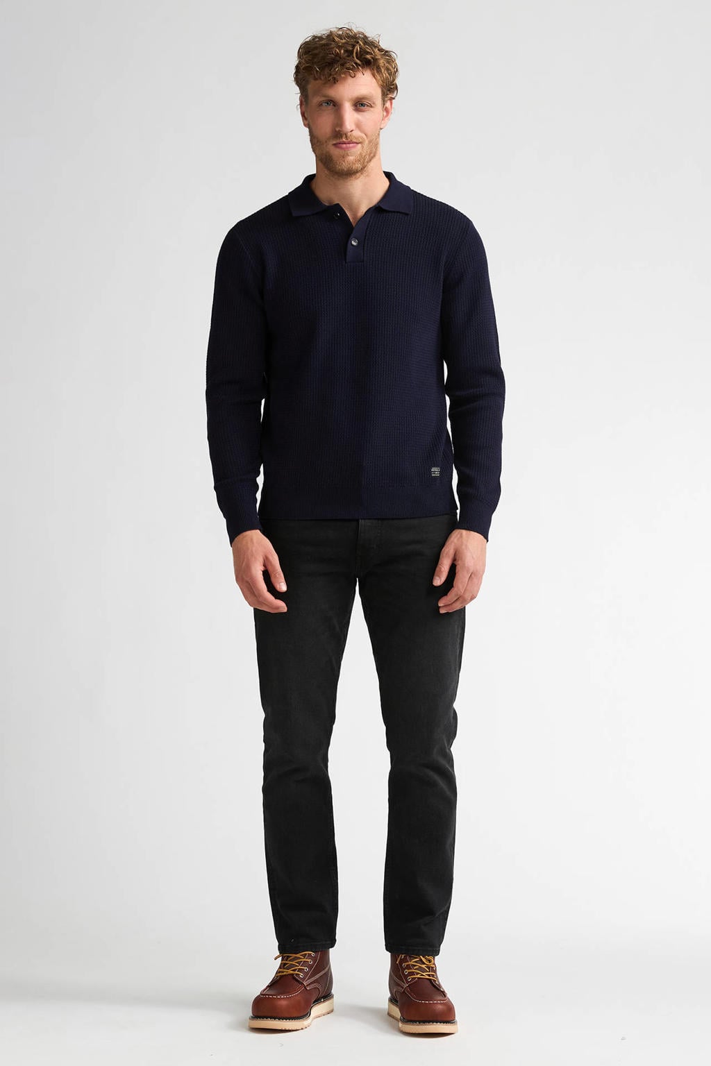 Marineblauw heren Petrol Industries katoenen regular fit gebreide trui blauw met lange mouwen