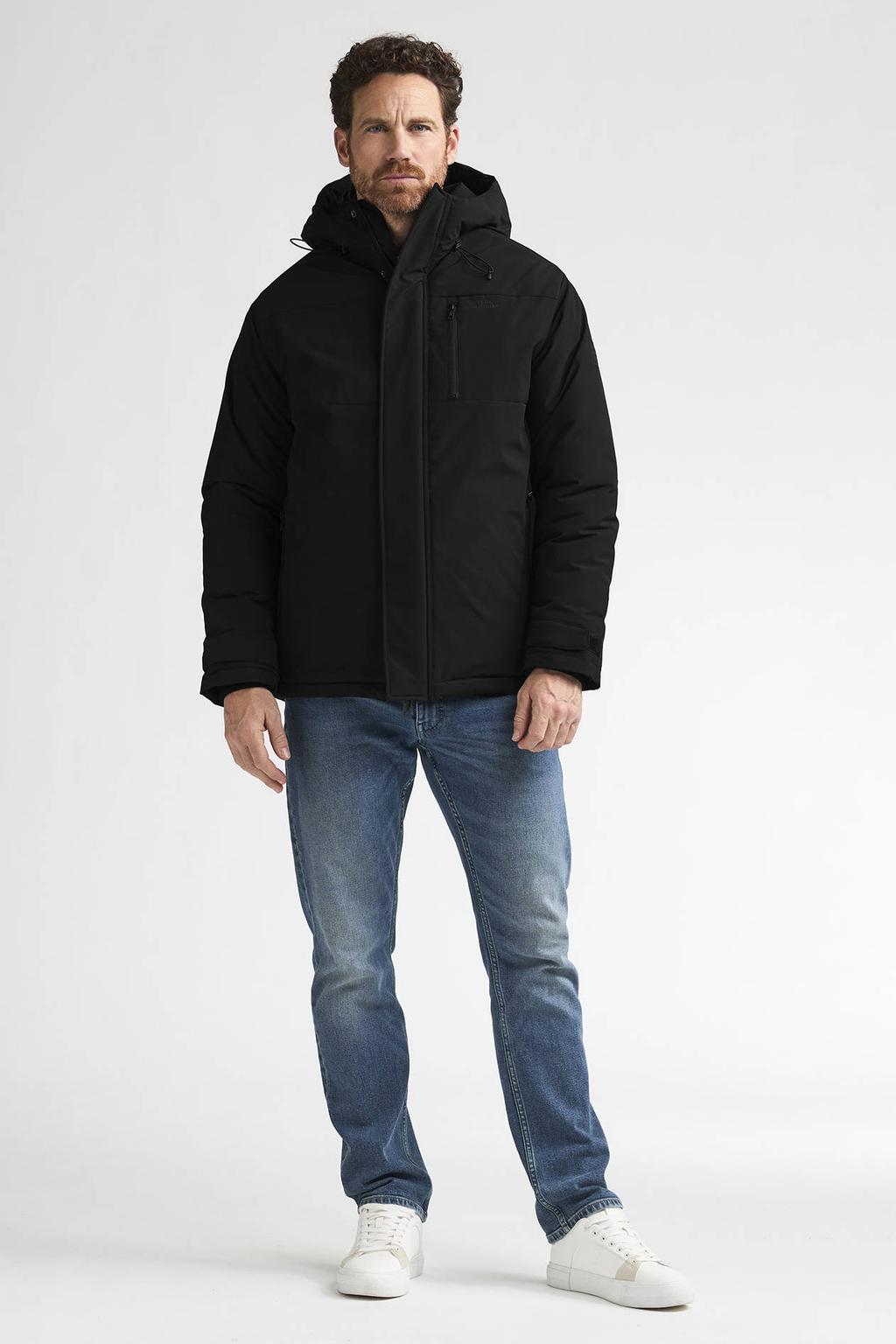 Zwarte heren Petrol Industries winterparka van polyester met effen, lange mouwen, capuchon en rits- en drukknoopsluiting