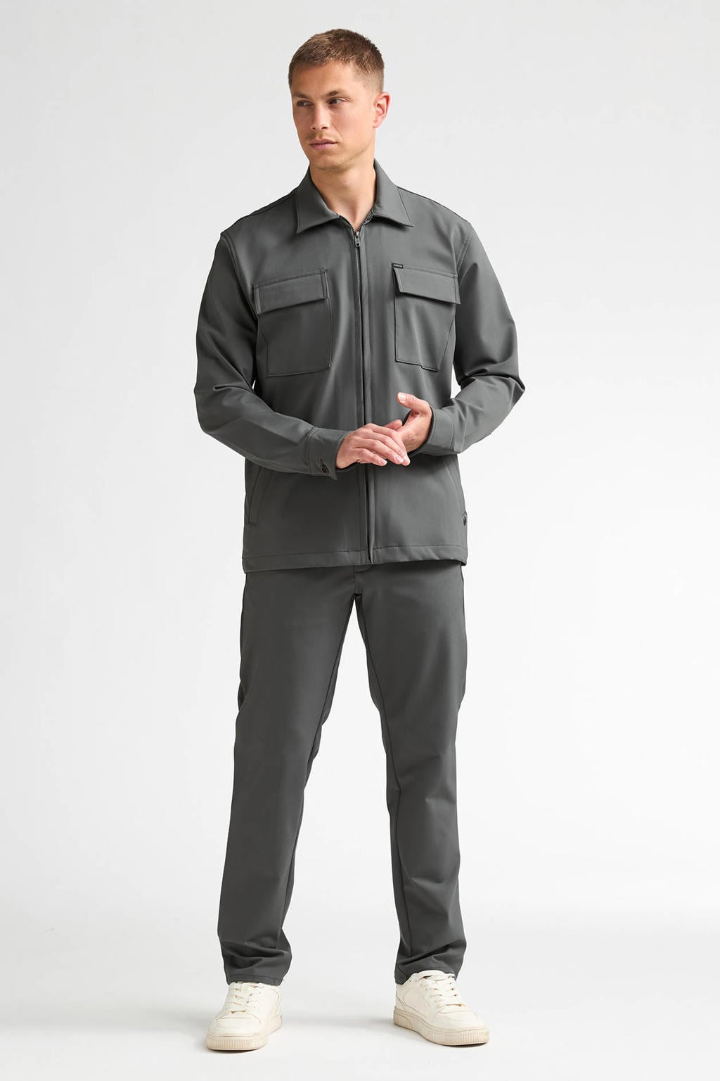 Grijsgroene heren Petrol Industries regular fit overshirt van polyester met effen, lange mouwen en klassieke kraag