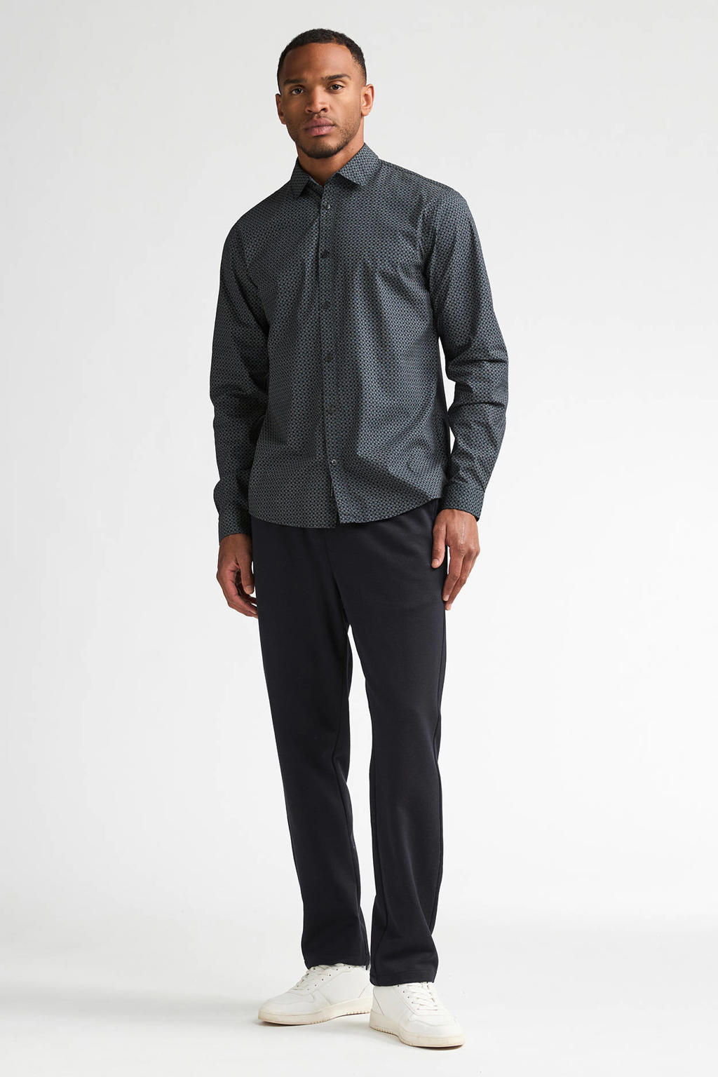 Marineblauw heren Petrol Industries slim fit poplin casual overhemd van katoen met effen, lange mouwen en klassieke kraag