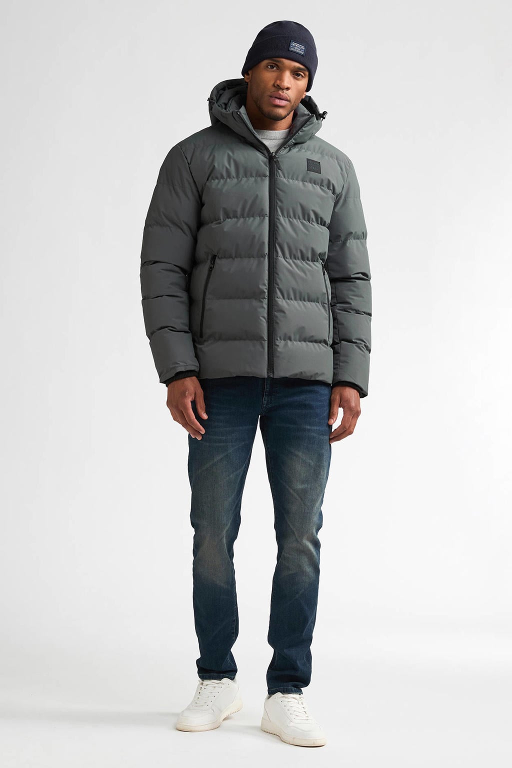 Grijsgroene heren Petrol Industries quilted winterjas van polyester met effen, lange mouwen, capuchon, ritssluiting en doorgestikte details