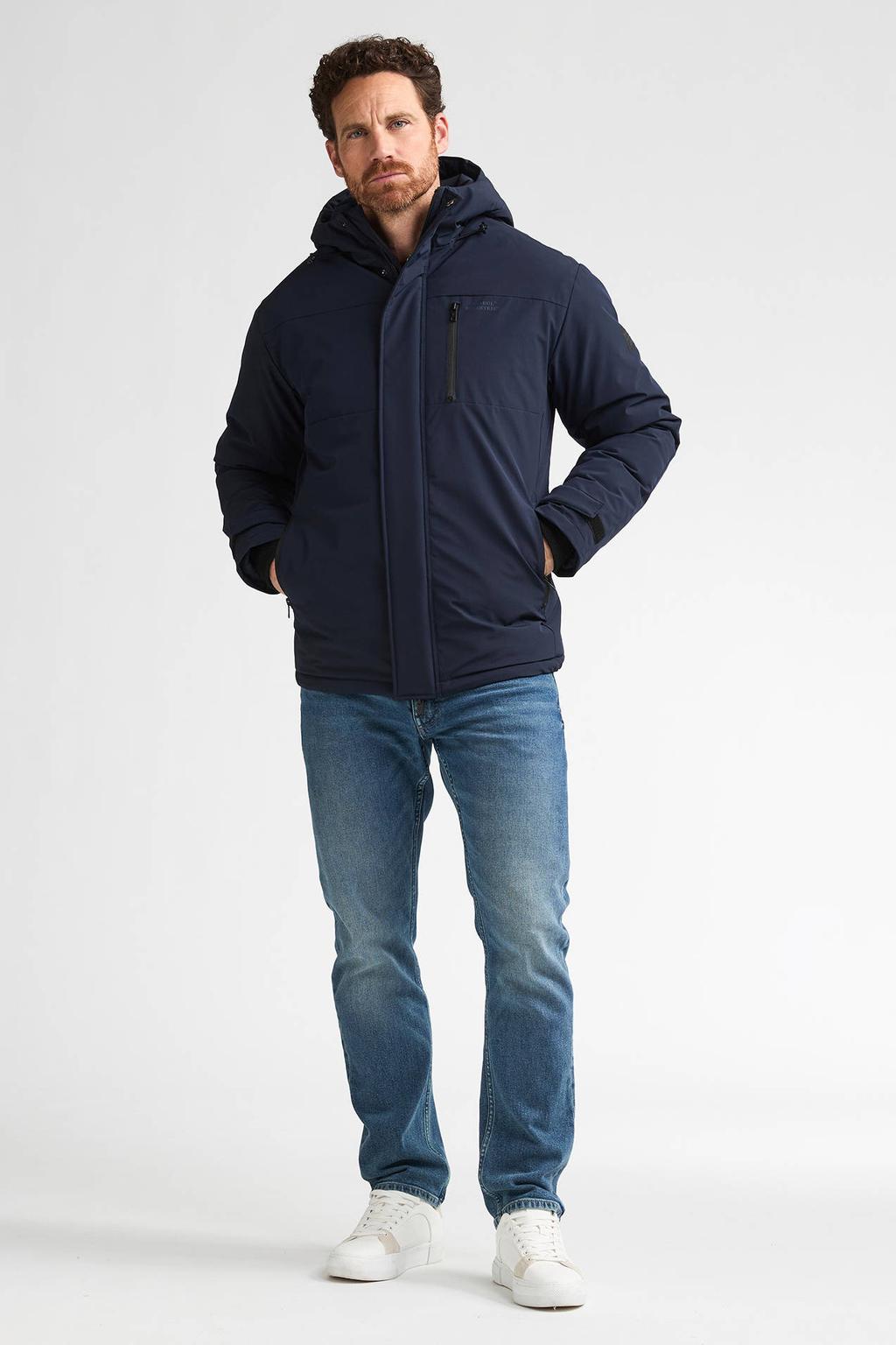 Donkerblauwe heren Petrol Industries winterparka van polyester met effen, lange mouwen, capuchon en rits- en drukknoopsluiting