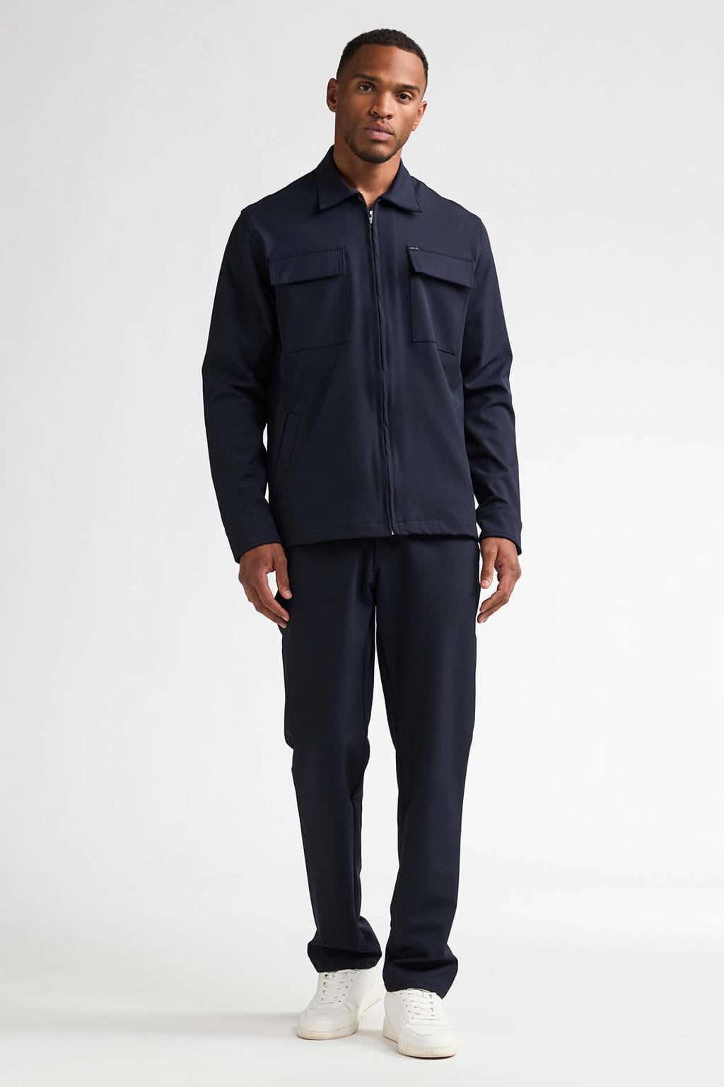 Marineblauw heren Petrol Industries regular fit overshshirt van polyester met effen, lange mouwen en klassieke kraag