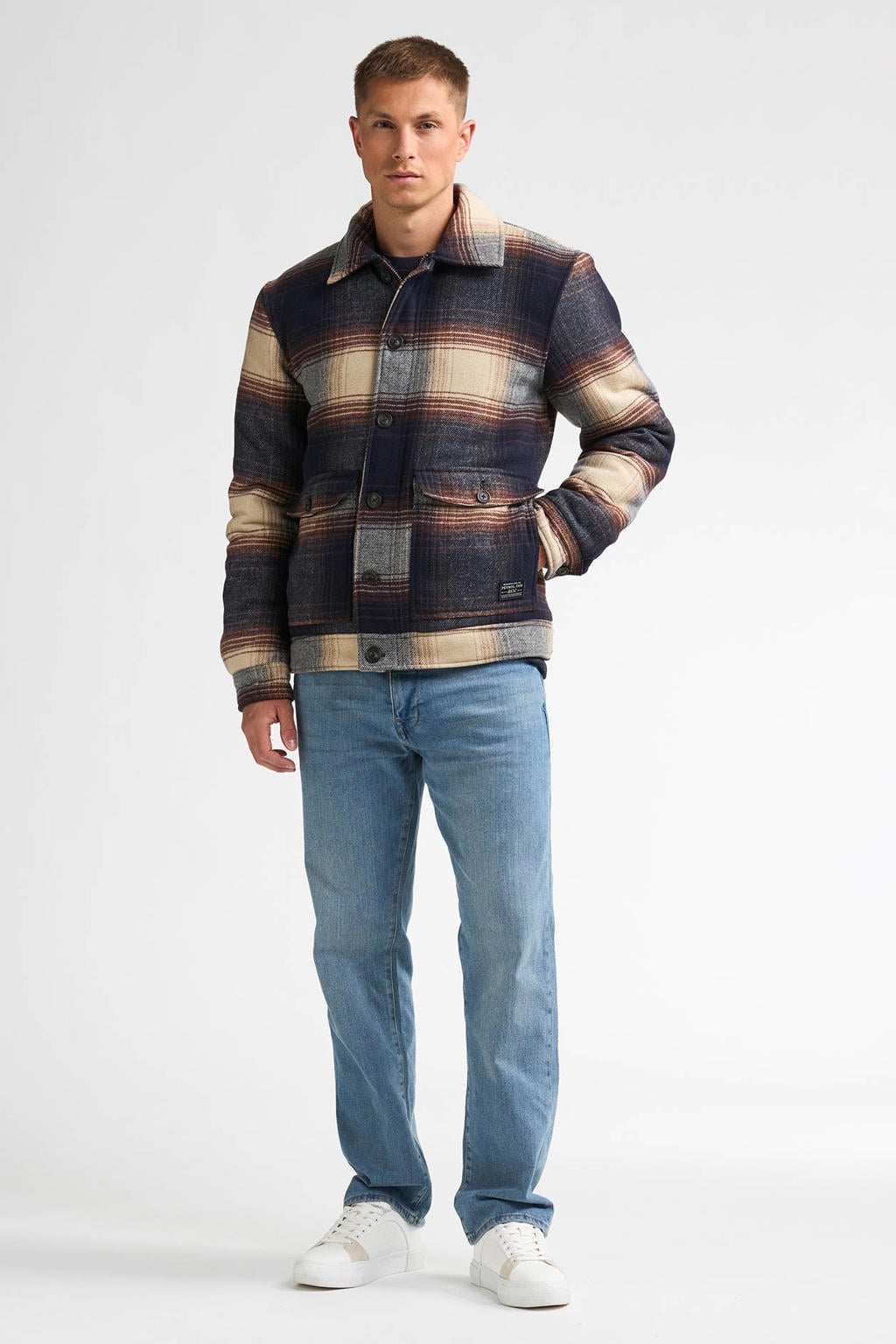 Marineblauw heren Petrol Industries jack blauw van polyester met effen, lange mouwen, klassieke kraag en rits- en knoopsluiting